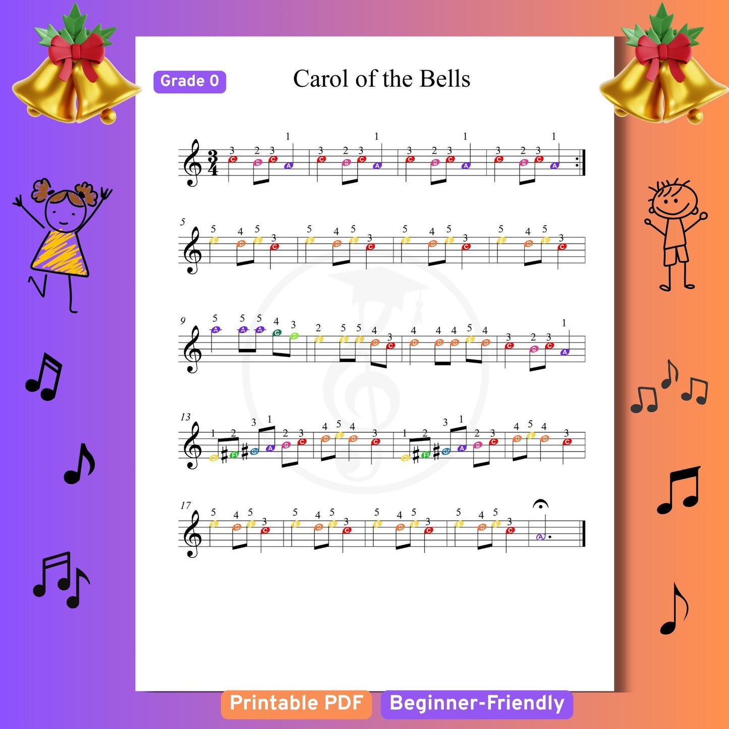 Carol of the Bells - Grade 0 - Easy Piano Sheet for Beginners | Colorful Notes + Finger Numbers | Educational Piano Resource