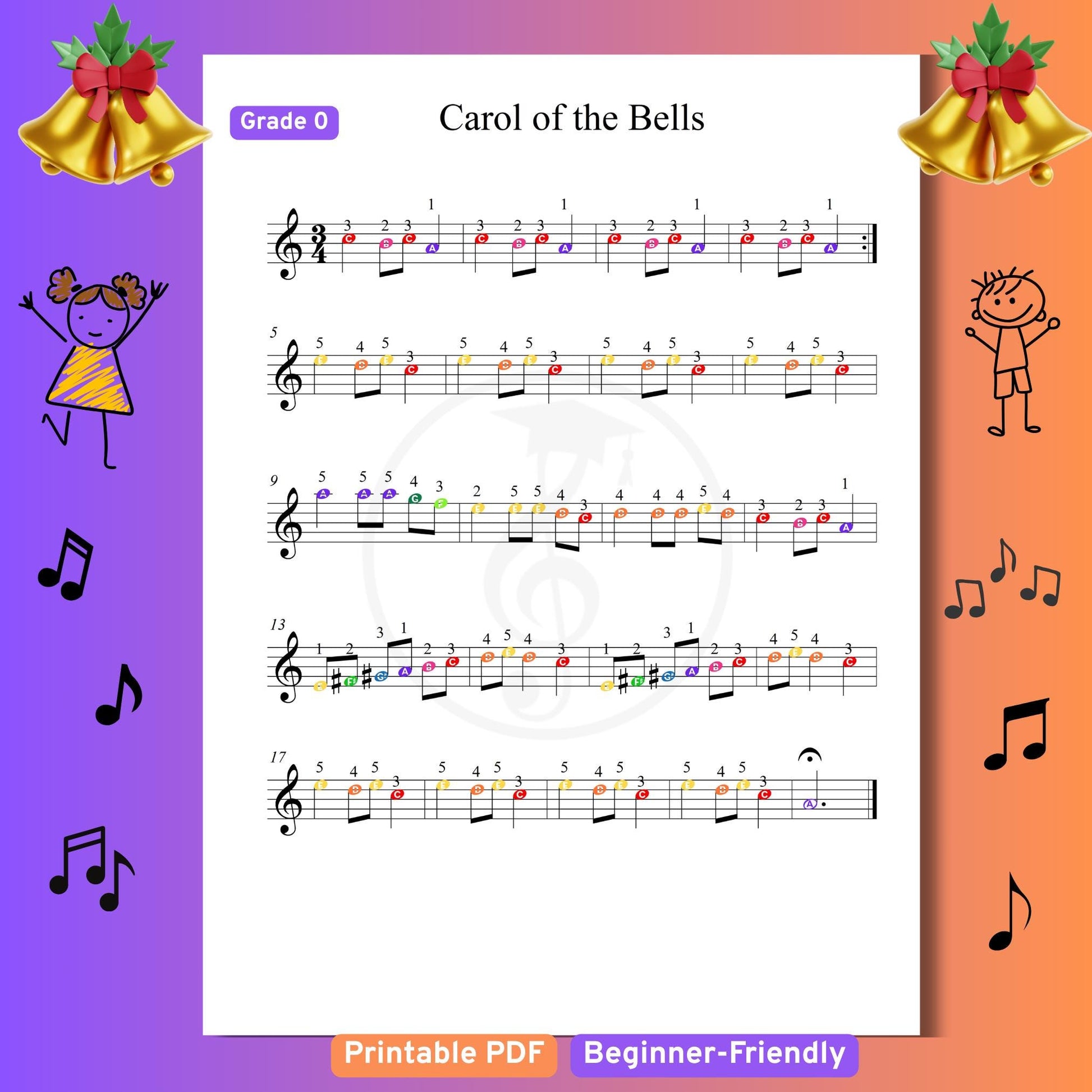 Carol of the Bells - Grade 0 - Easy Piano Sheet for Beginners | Colorful Notes + Finger Numbers | Educational Piano Resource