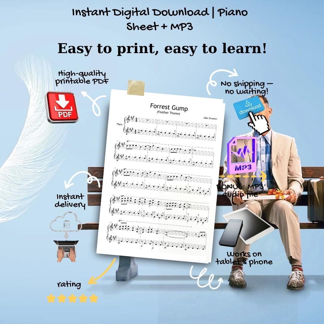Forrest Gump Theme by Alan Silvestri downloadable and simplified piano sheet music PDF shown with the full Grade 4 learning bundle featuring MP3 reference audio, video tutorial, finger numbers, color-coded notes, note-name pages, and manuscript-based engraving for expressive movie-theme study.