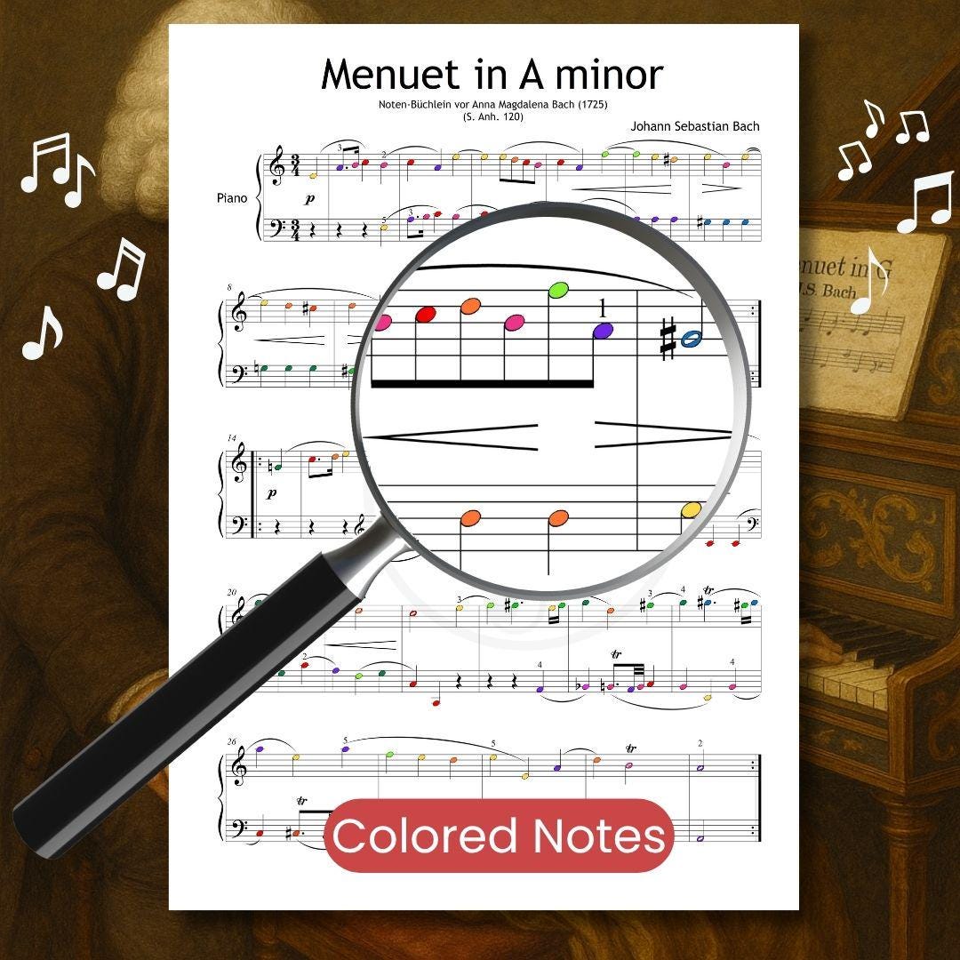 Menuet in A Minor by Johann Sebastian Bach – downloadable and simplified piano sheet music PDF with color-coded notes. Helpful for visual learners and young students working on pattern recognition, engagement, and confidence in reading music.
