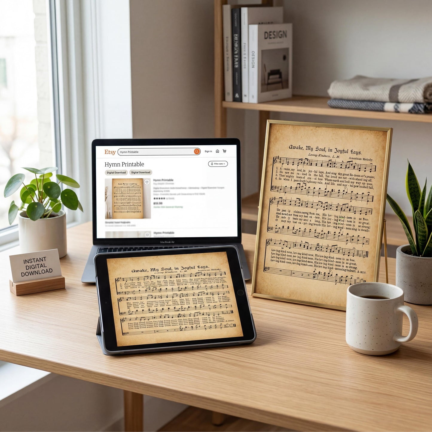 A wooden desk with a laptop displaying a hymn, a framed sheet of music, a tablet, and a coffee mug. The desk is also decorated with potted plants and books.