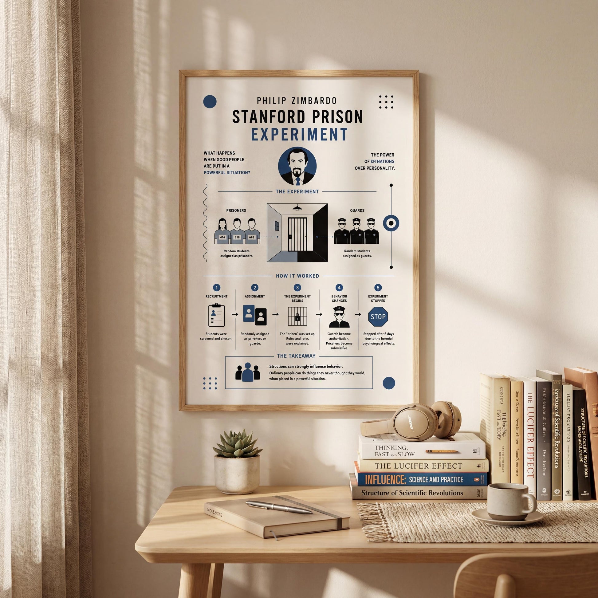 The image is a poster of a poster board featuring a diagram and text related to the "Stanford Prison Experiment" conducted by Philip Zimbardo. The poster is hung on a wall above a wooden desk with a stack of books, a plant, and a pair of headphones.