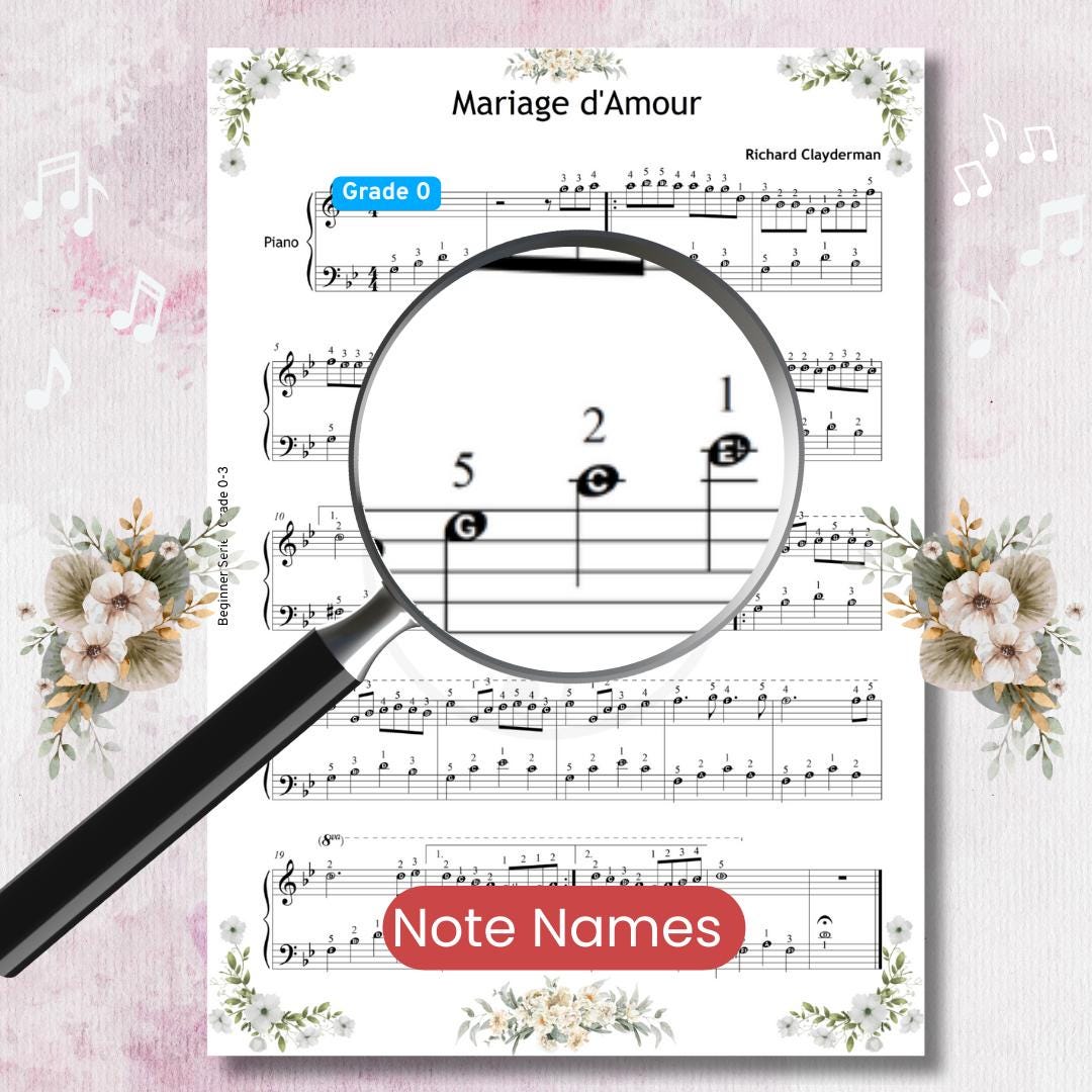 Marriage D'Amour easy piano sheet music PDF cover image showing Grade 3 arrangement by Richard Clayderman with icons for colored notes, note names, MP3 audio, demo video, instant digital download, and tablet compatibility.