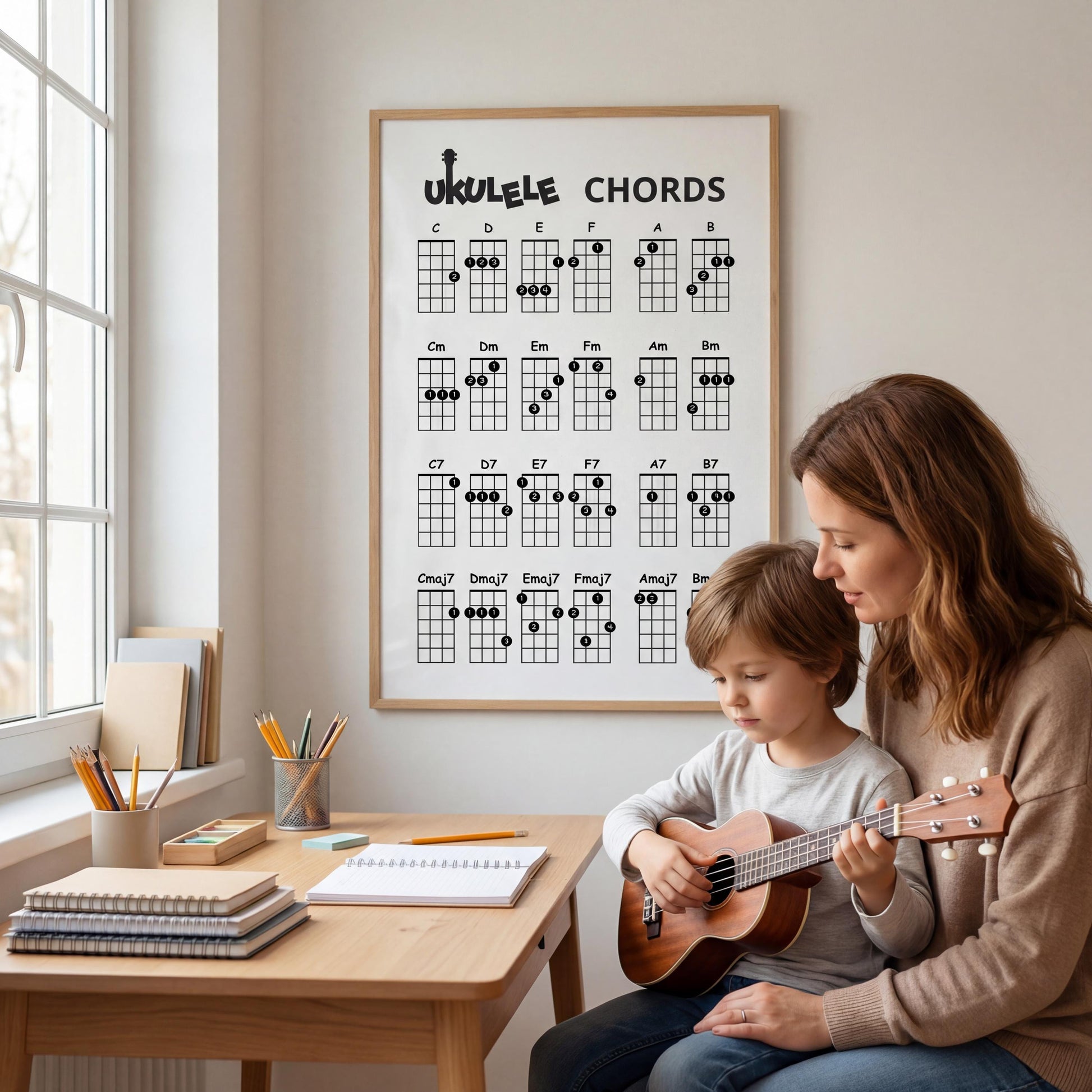 Ukulele chord diagrams poster printable showing commonly used beginner chords in a structured grid, perfect for early learners developing chord vocabulary and muscle memory.
