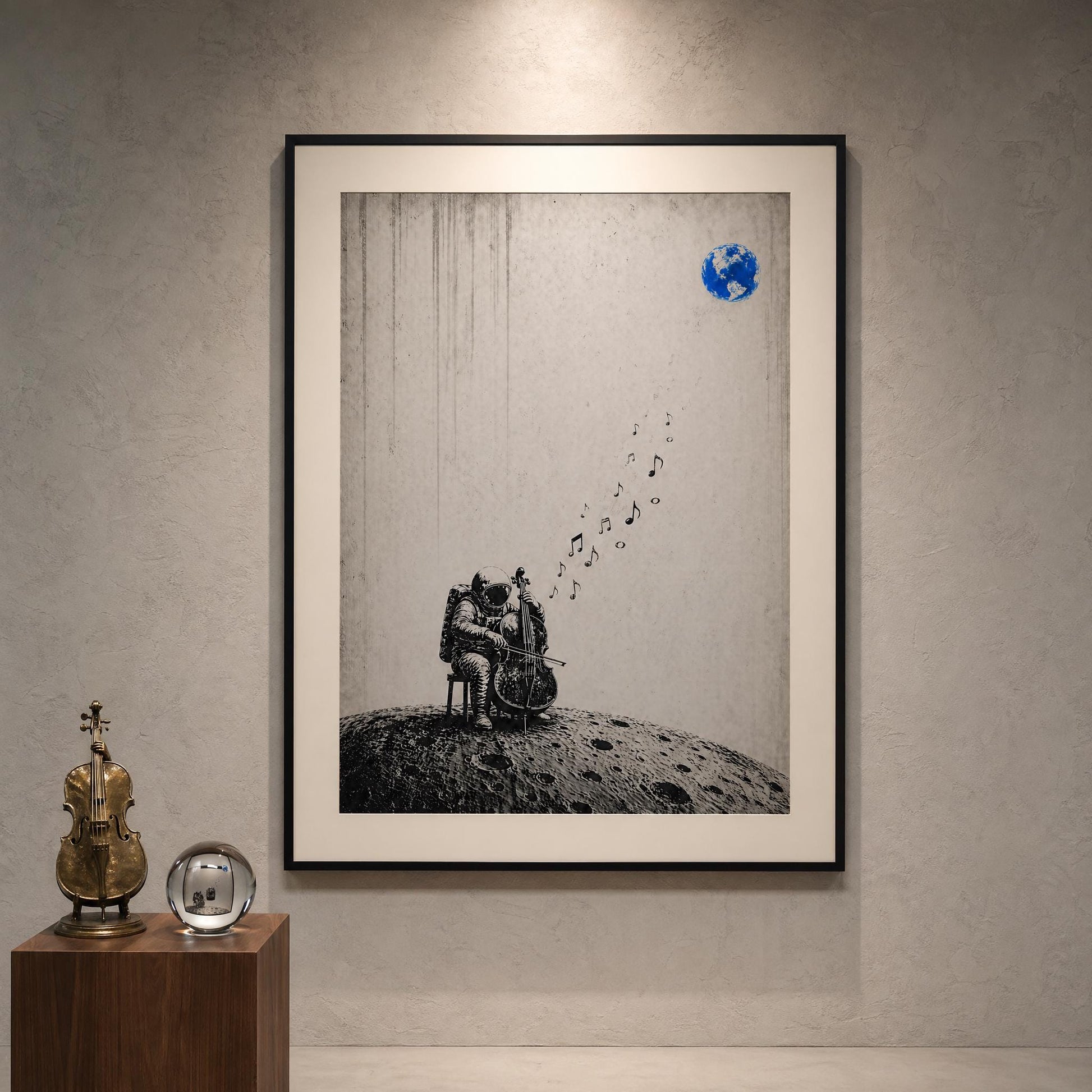 Astronaut playing cello lunar artwork printable featuring abstract music theme and distant Earth detail, modern monochrome wall decor ideal for creative spaces