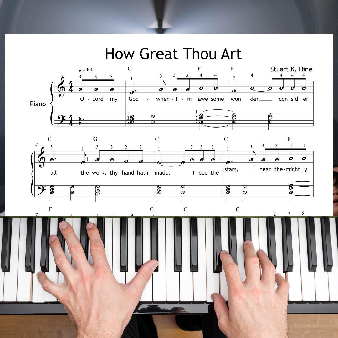 How Great Thou Art by MuzikAkademik – simplified piano sheet music PDF with chords and fingerings includes finger numbers on all notes to support correct technique and confident performance for beginners.