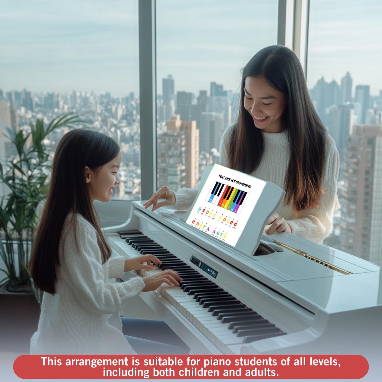 Downloadable sheet music for You Are My Sunshine arranged for one-hand play. Note names and colorful notes included to support visual learners. Grade 0 / absolute beginner level.