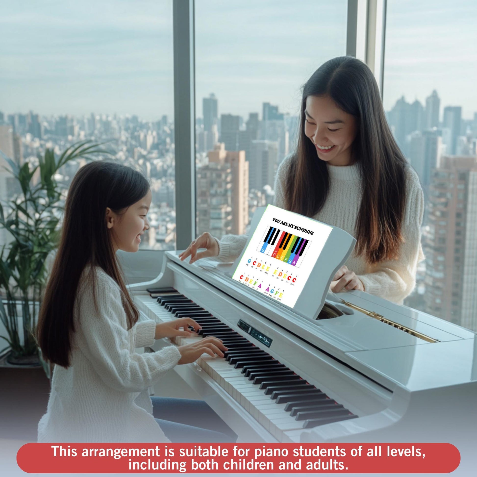 Downloadable sheet music for You Are My Sunshine arranged for one-hand play. Note names and colorful notes included to support visual learners. Grade 0 / absolute beginner level.