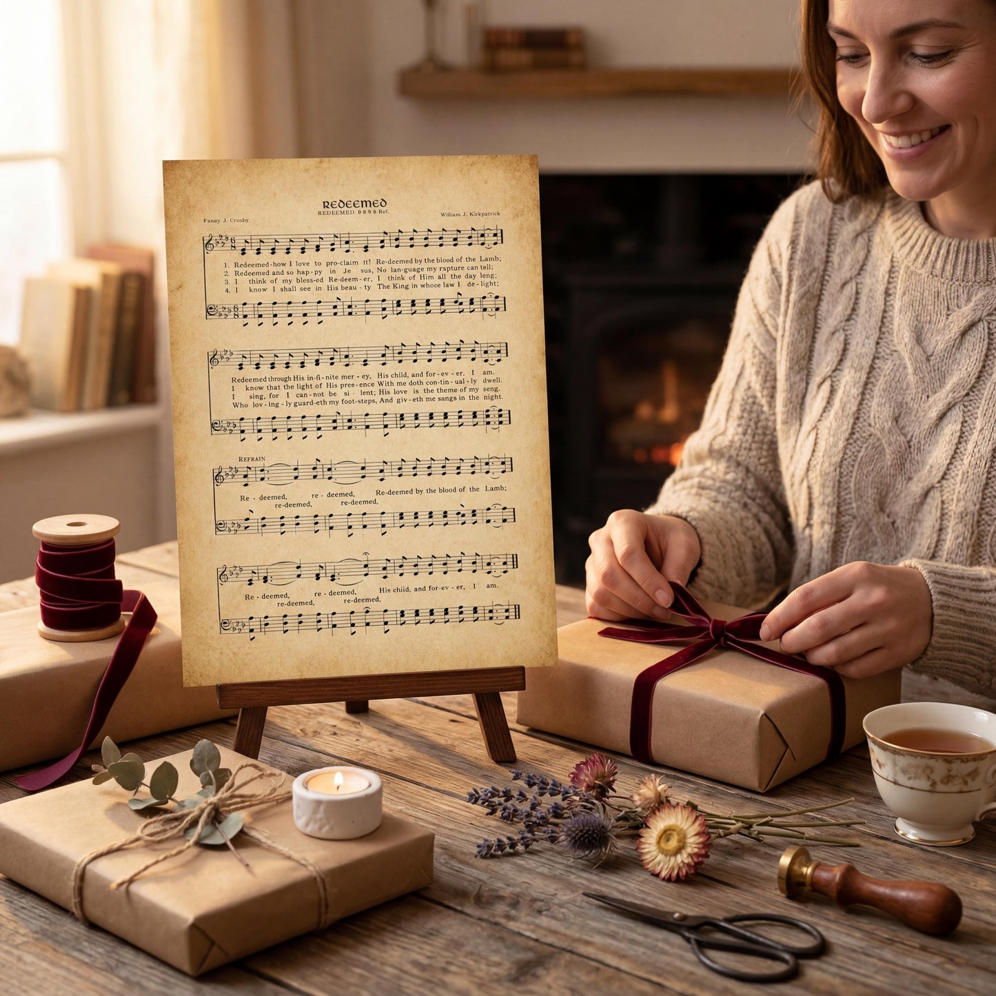 A woman is wrapping a gift with a red ribbon, surrounded by various items such as a sheet of music, a candle, and a cup of tea.
