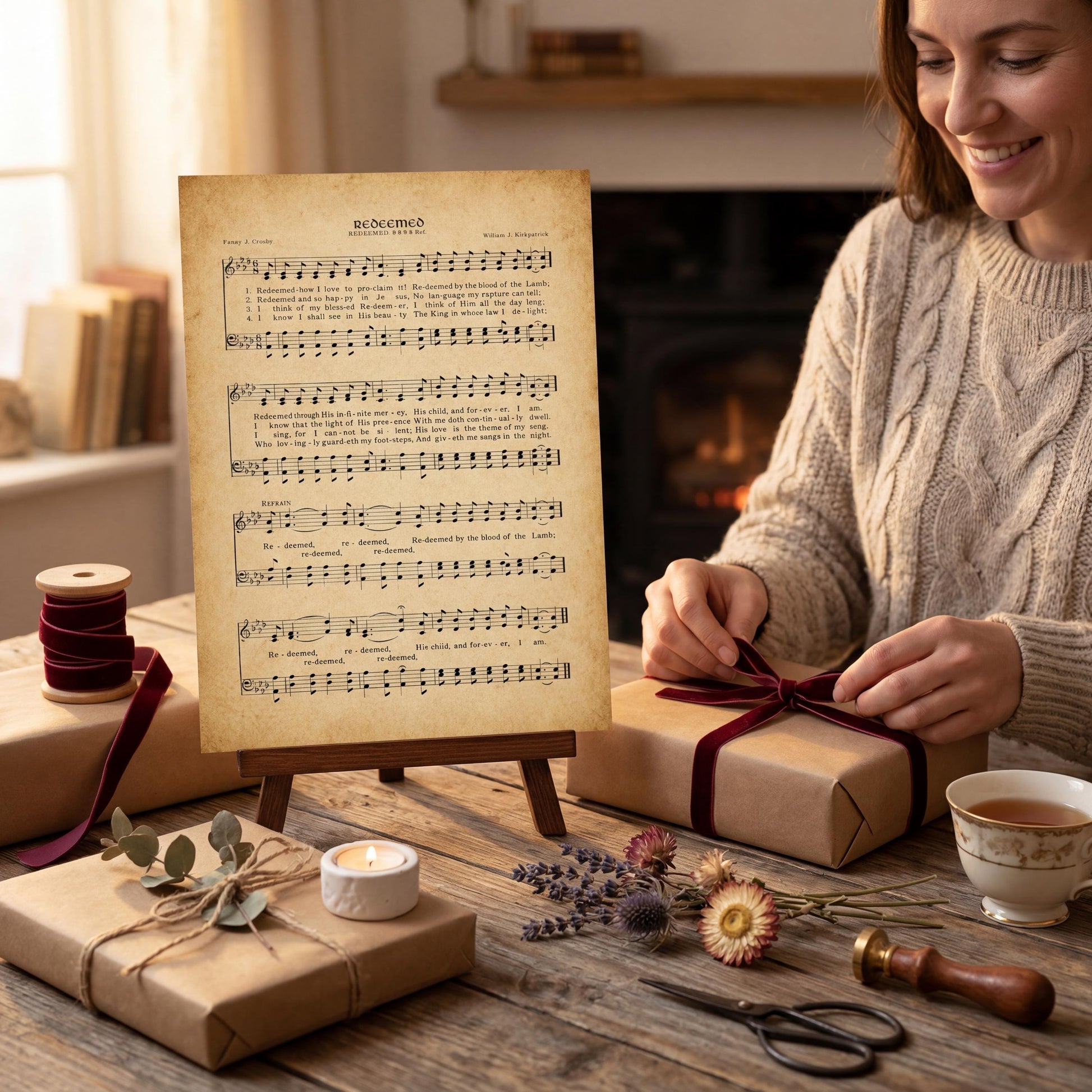 A woman is wrapping a gift with a red ribbon, surrounded by various items such as a sheet of music, a candle, and a cup of tea.