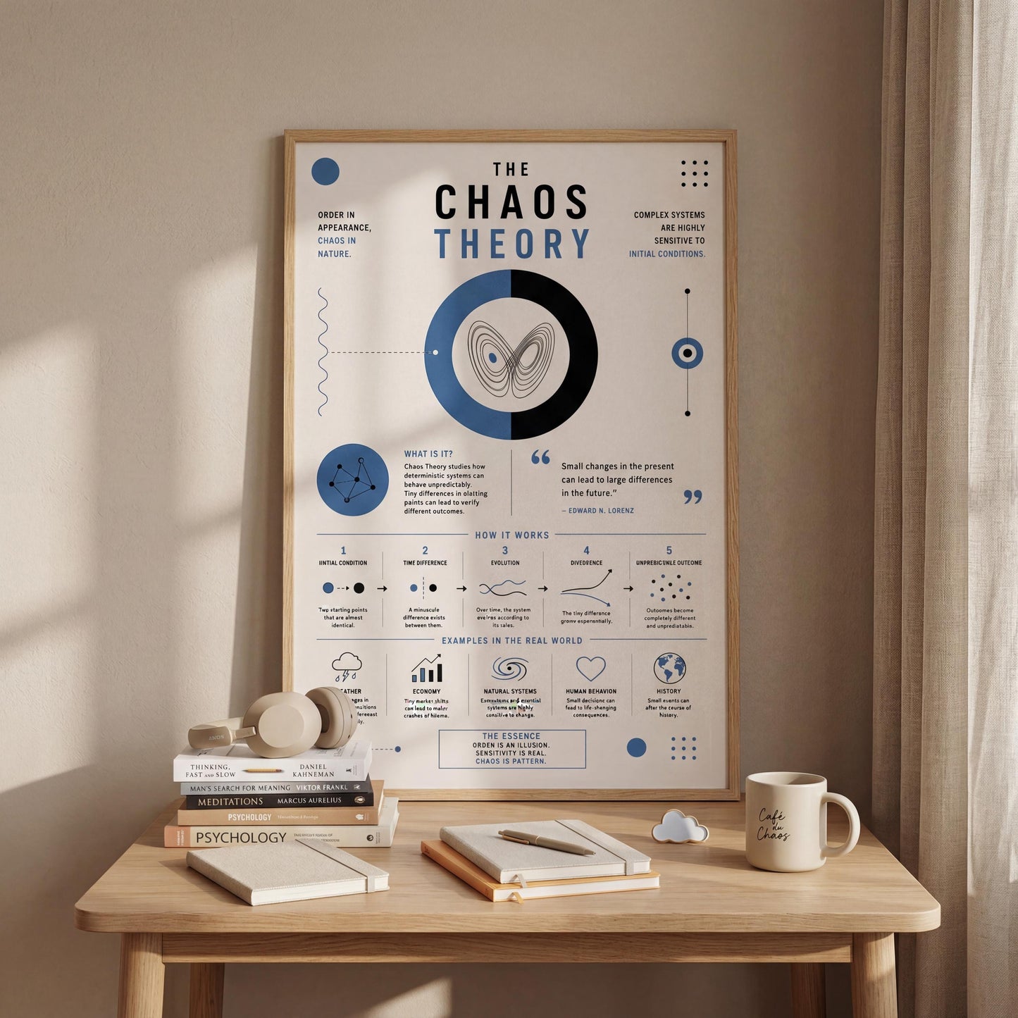 The image is a poster titled "The Chaos Theory" that features a complex diagram and various text elements. The poster is displayed on a wooden table, with a stack of books, a coffee mug, and a pair of headphones nearby.