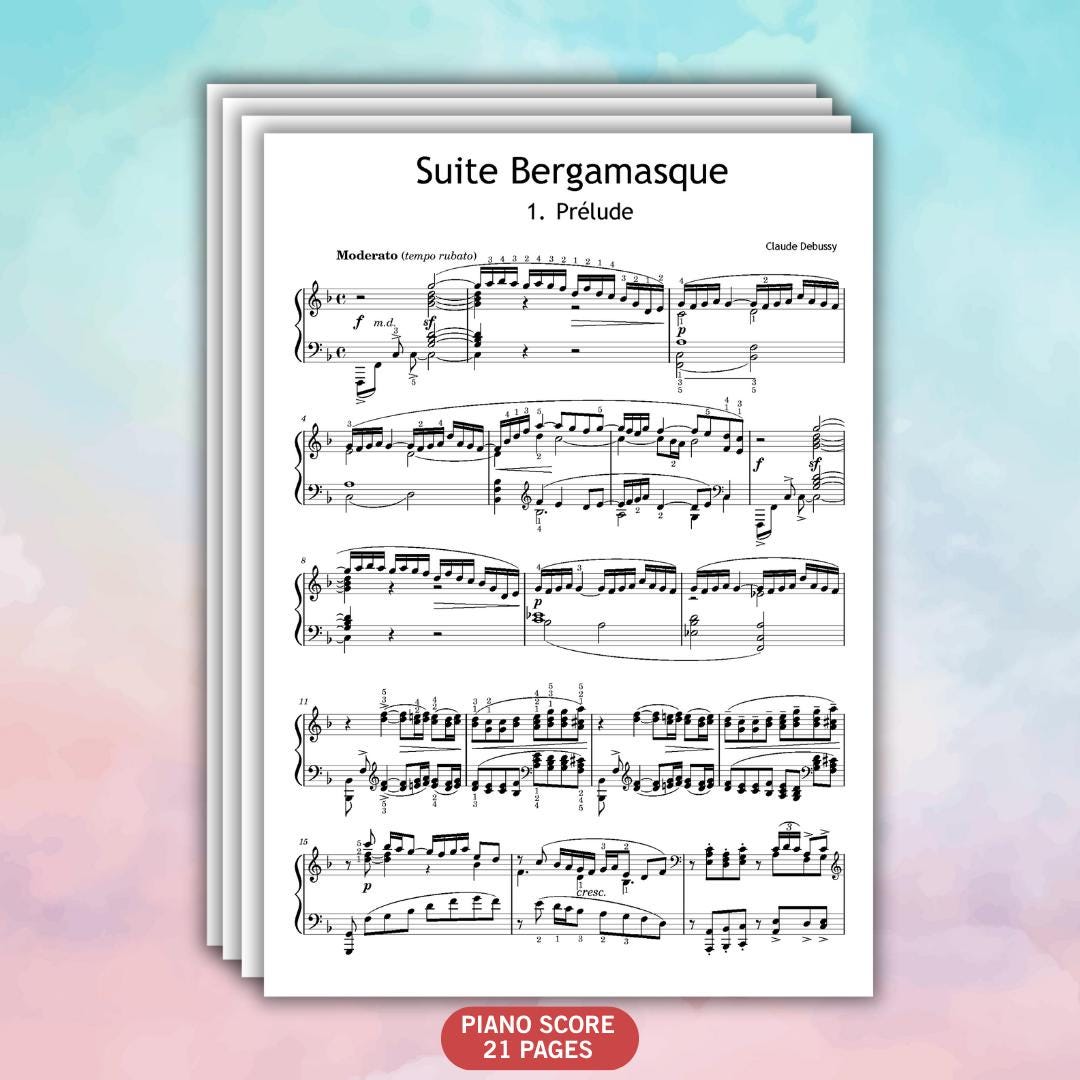 Debussy Suite Bergamasque complete piano score PDF by Claude Debussy presented with refined Grade 6 engraving, displaying all movements in crisp notation based on manuscript accuracy, suitable for advanced learners using printed copies or tablet screens, with MP3 and video included.