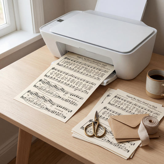 A printer is printing sheet music on a wooden desk, with a cup of coffee nearby and some envelopes and scissors on the desk.