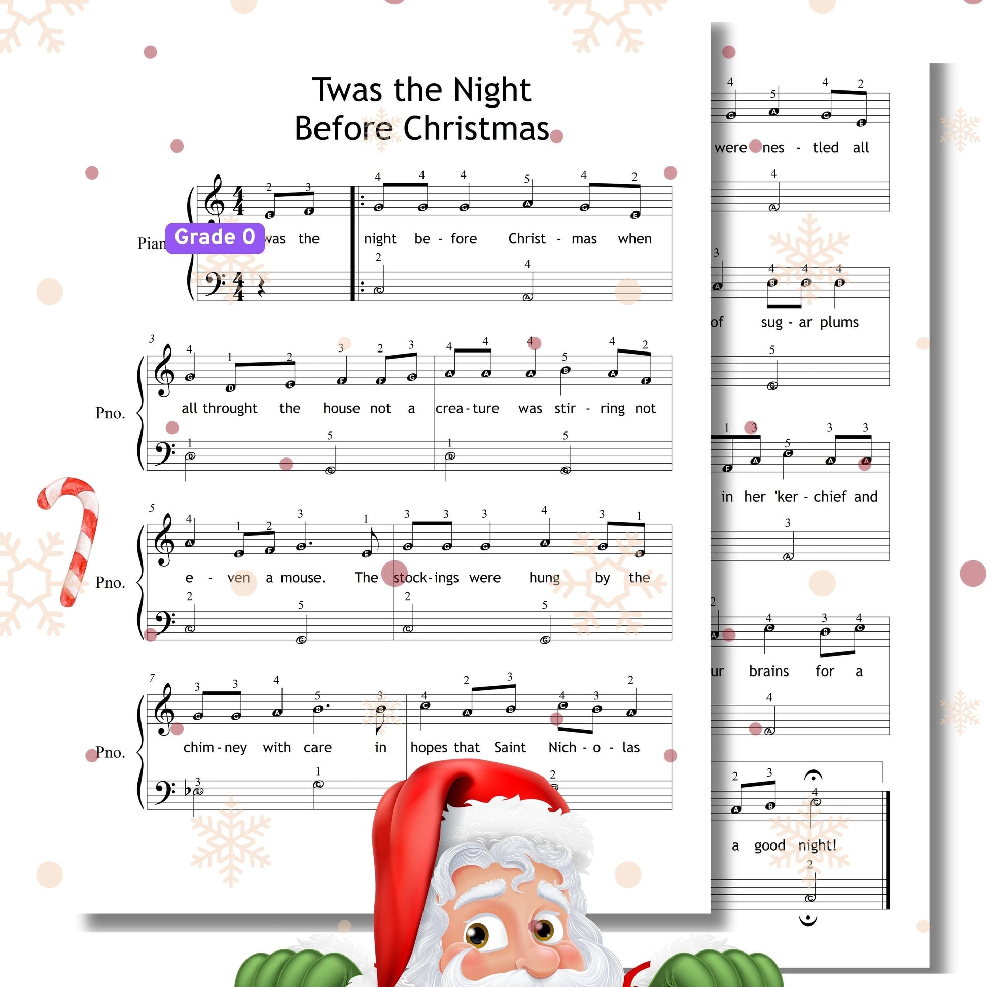 ’Twas the Night Before Christmas easy piano sheet music PDF download for beginners, Grade 1–2 version with fingered notation, letter notes, and colored notes, includes MP3 play-along, digital PNG for tablets, and printable holiday cover, designed for piano teachers, homeschoolers, and Christmas Eve projects.