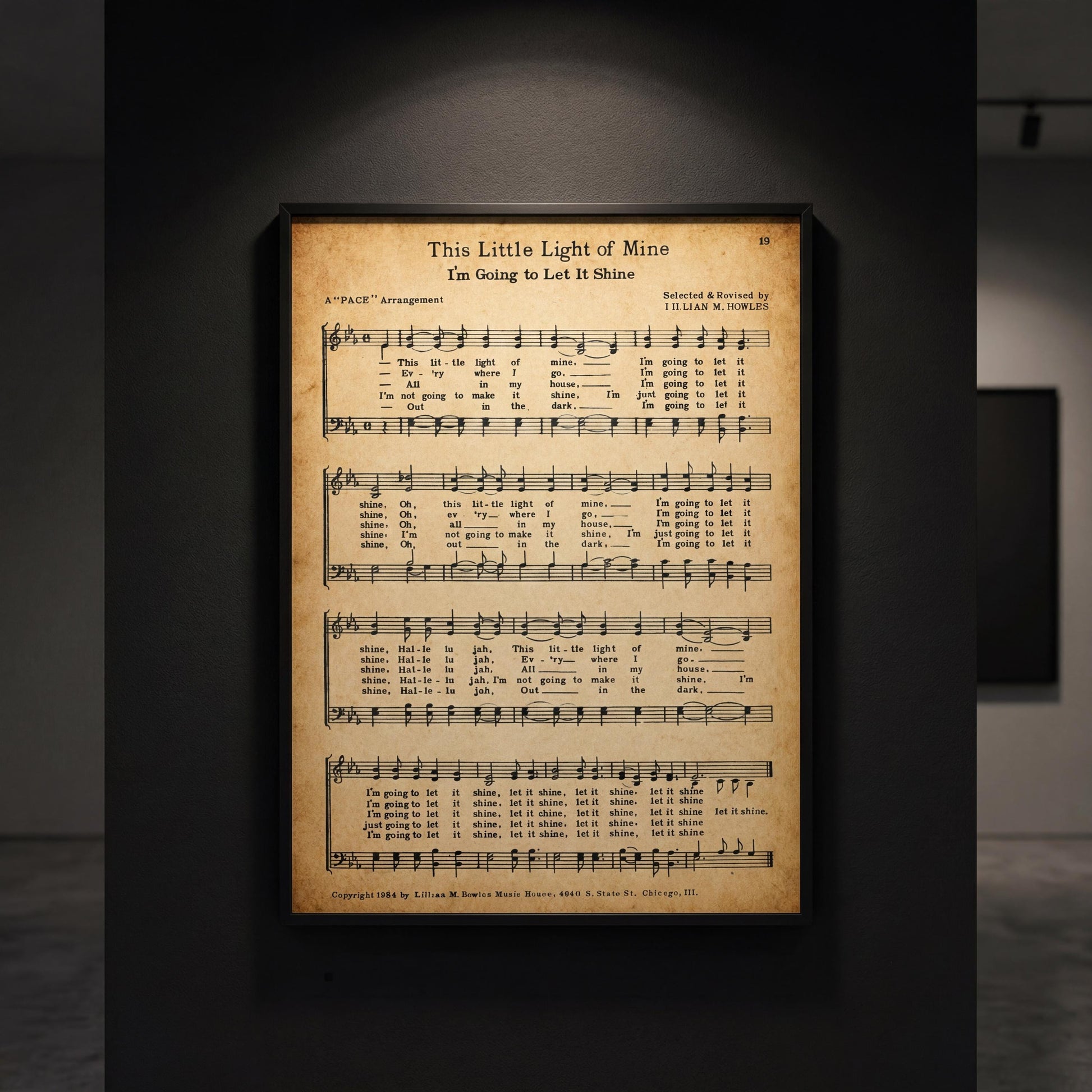 The image is a framed vintage sheet music titled "This Little Light of Mine" with a harmonious arrangement of lyrics and musical notation.