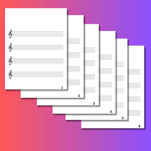 Blank sheet music bundle for kids – printable A4 PDF and PNG files featuring treble clef, bass clef, no clef, and no bar line staff paper, with icons for instant download and tablet-friendly formats.