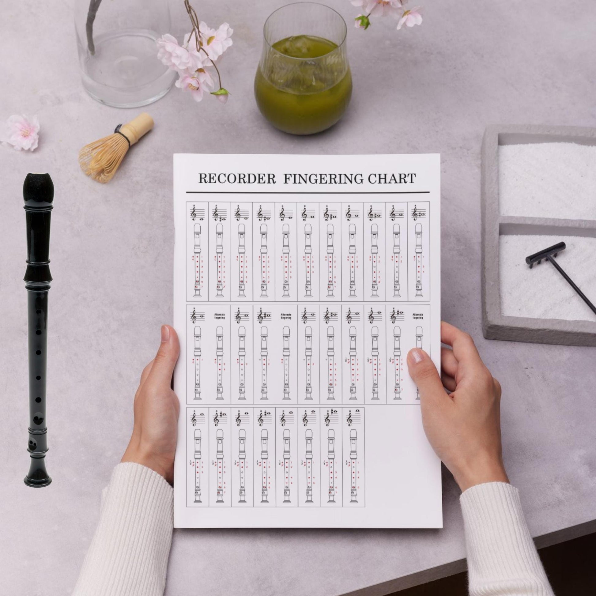 Recorder Fingering Chart for Kids music classroom aid, high-resolution printable PDF and PNG versions included, perfect for teachers introducing recorder basics, students learning their first songs, or parents supporting music practice at home.