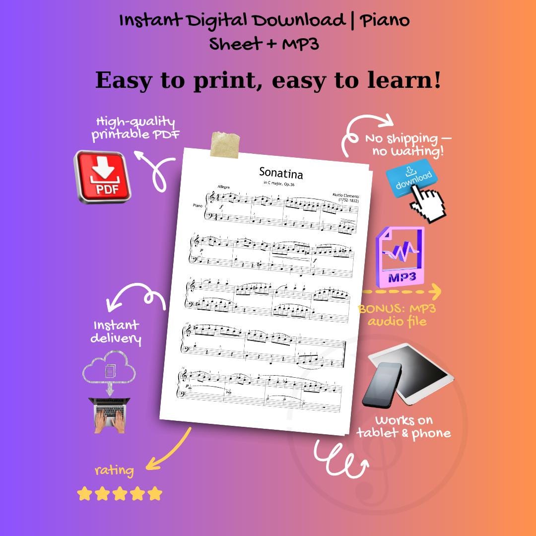 Clementi’s Sonatina in C adapted for use in digital learning environments. Compatible with e-learning tools, this edition suits structured programs like ABRSM and online music instruction.