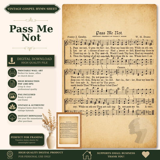 The image is a vintage sheet music for a song titled "Pass Me Not" by Frank J. Grosy, with sheet music and lyrics displayed.