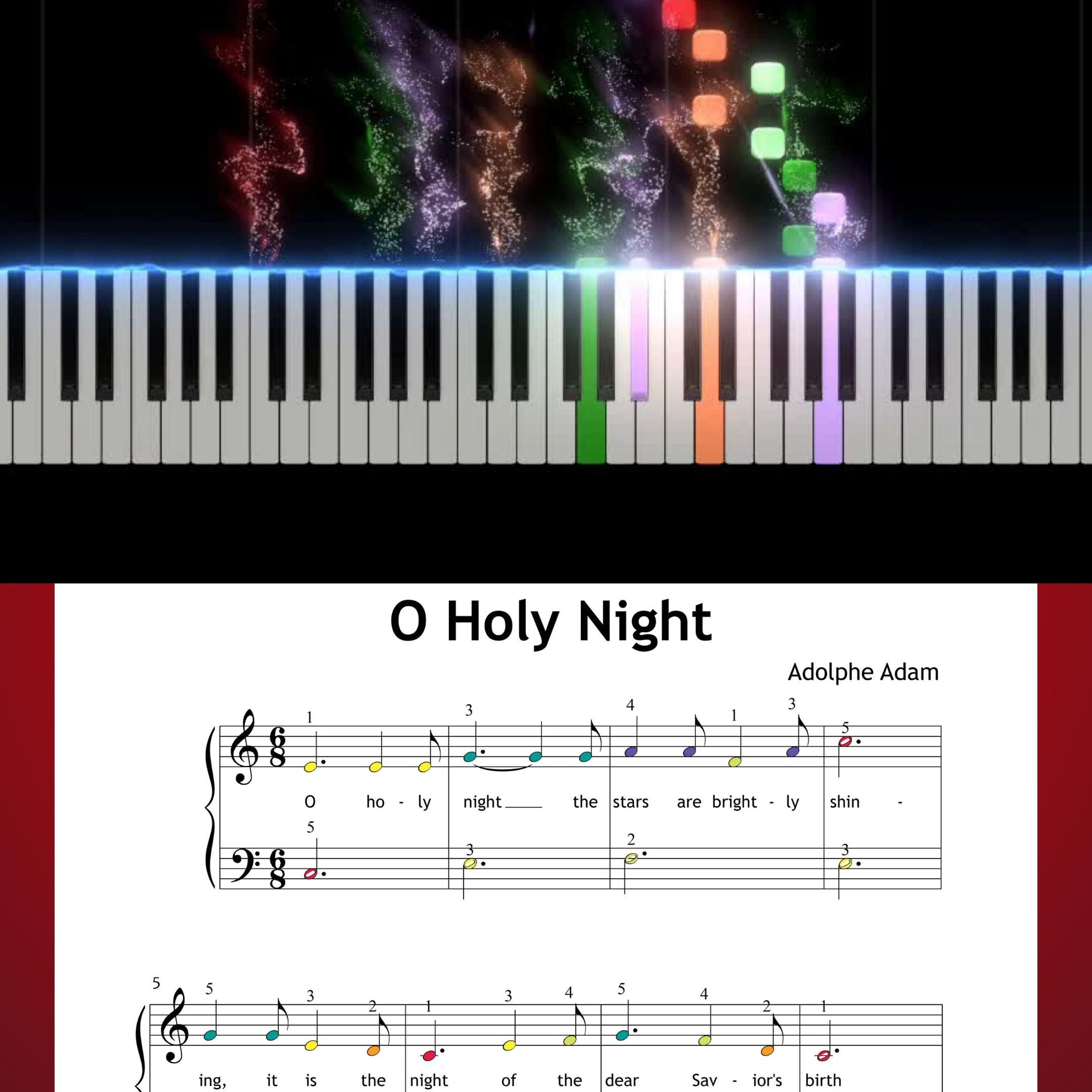 O Holy Night by Adolphe Adam downloadable and simplified Christmas carol piano sheet music PDF arranged for early learners with large-print notation, lyrics, color notes, note names, and finger-number guidance perfect for winter piano recitals.