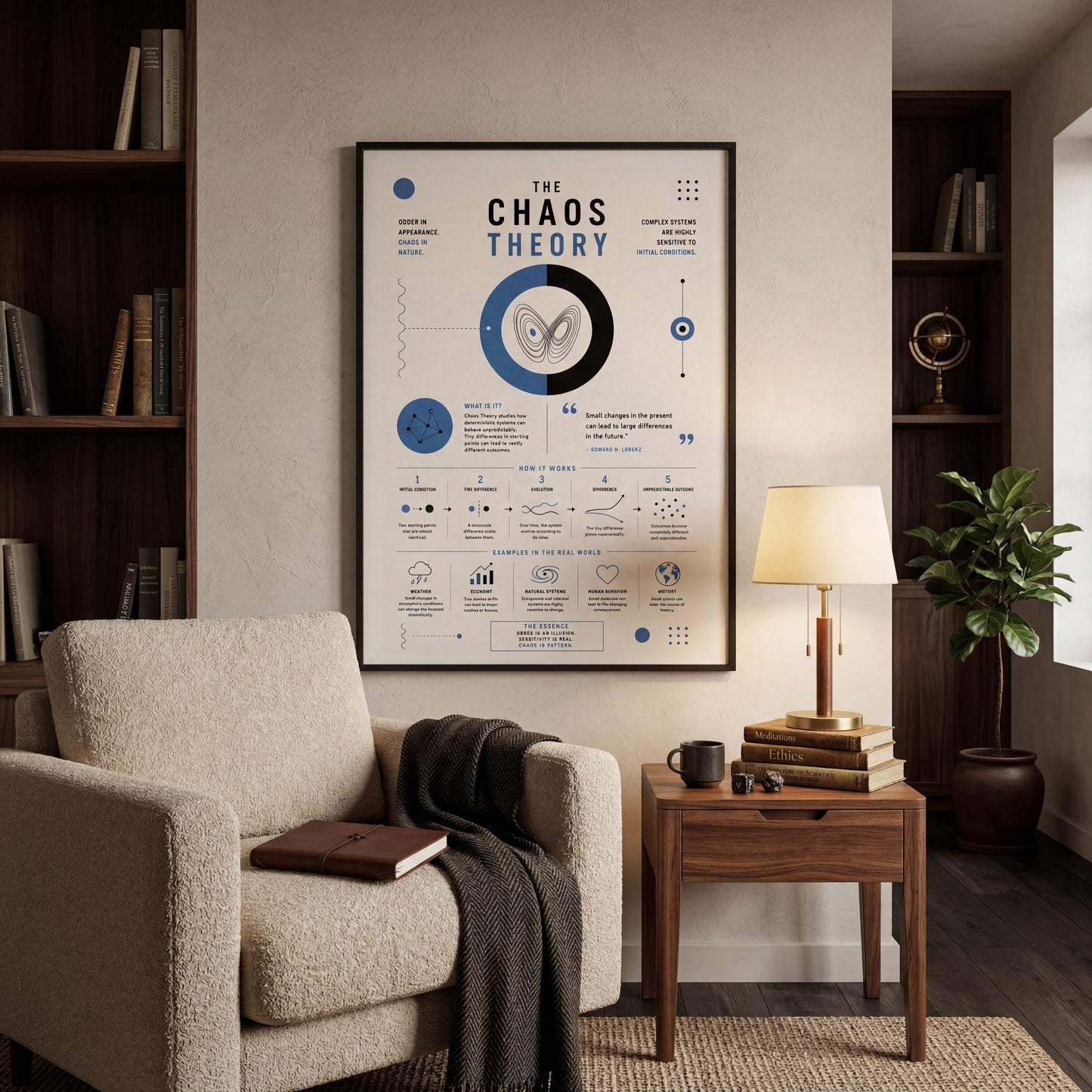 a poster of "The Chaos Theory" hanging on a wall in a living room. The poster includes various illustrations and text related to the theory, such as a clock, a book, and a plant. The room has a comfortable chair, a wooden side table, and a lamp, creating a cozy and intellectual atmosphere.