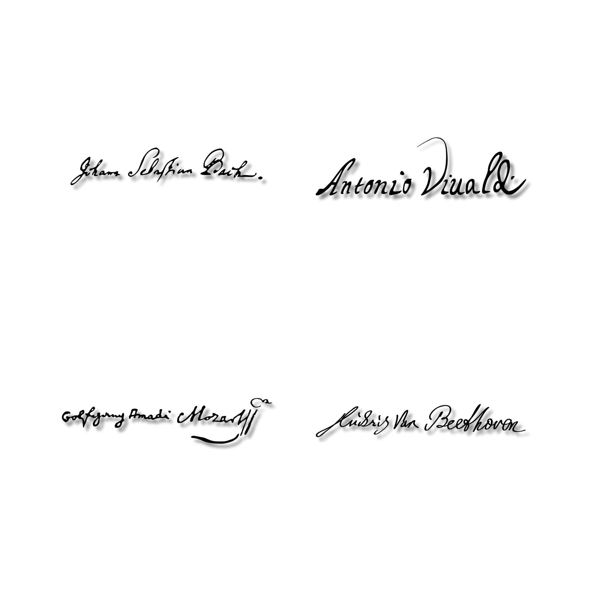 Signatures of the Great Composers printable wall art PDF and JPG download, classical music décor with authentic autographs from Bach, Mozart, Beethoven, Chopin, Wagner, Brahms, Tchaikovsky, Debussy, and more, poster format plus transparent PNGs of each signature, ideal for teachers, musicians, or collectors.