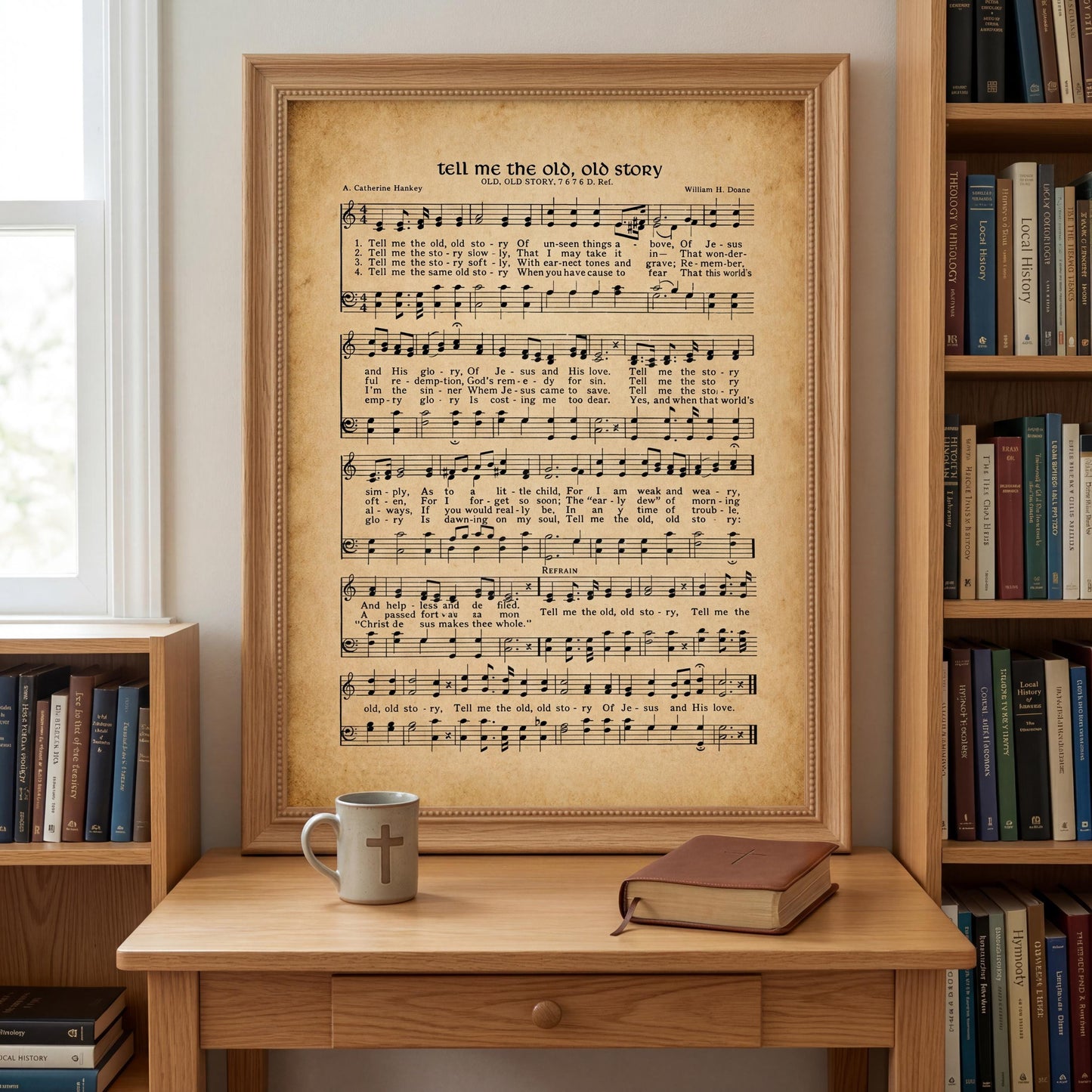 a framed sheet music poster of "Tell me the old story" displayed on a wooden desk, with a coffee mug and a book on the desk.