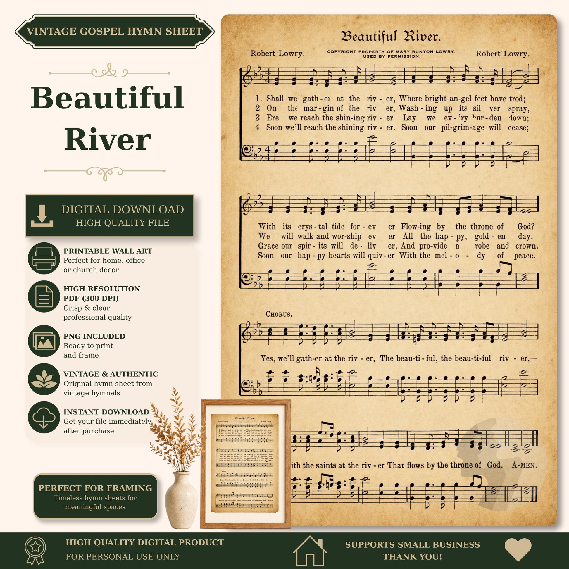 The image is a vintage sheet music for a song titled "Beautiful River" by Robert Lowry. It includes sheet music and lyrics, as well as a digital download high-quality file. The sheet music is printed on a vintage-style background, and the lyrics are printed on a black and white background. The sheet music is perfect for framing and is a high-quality digital product for personal use only.