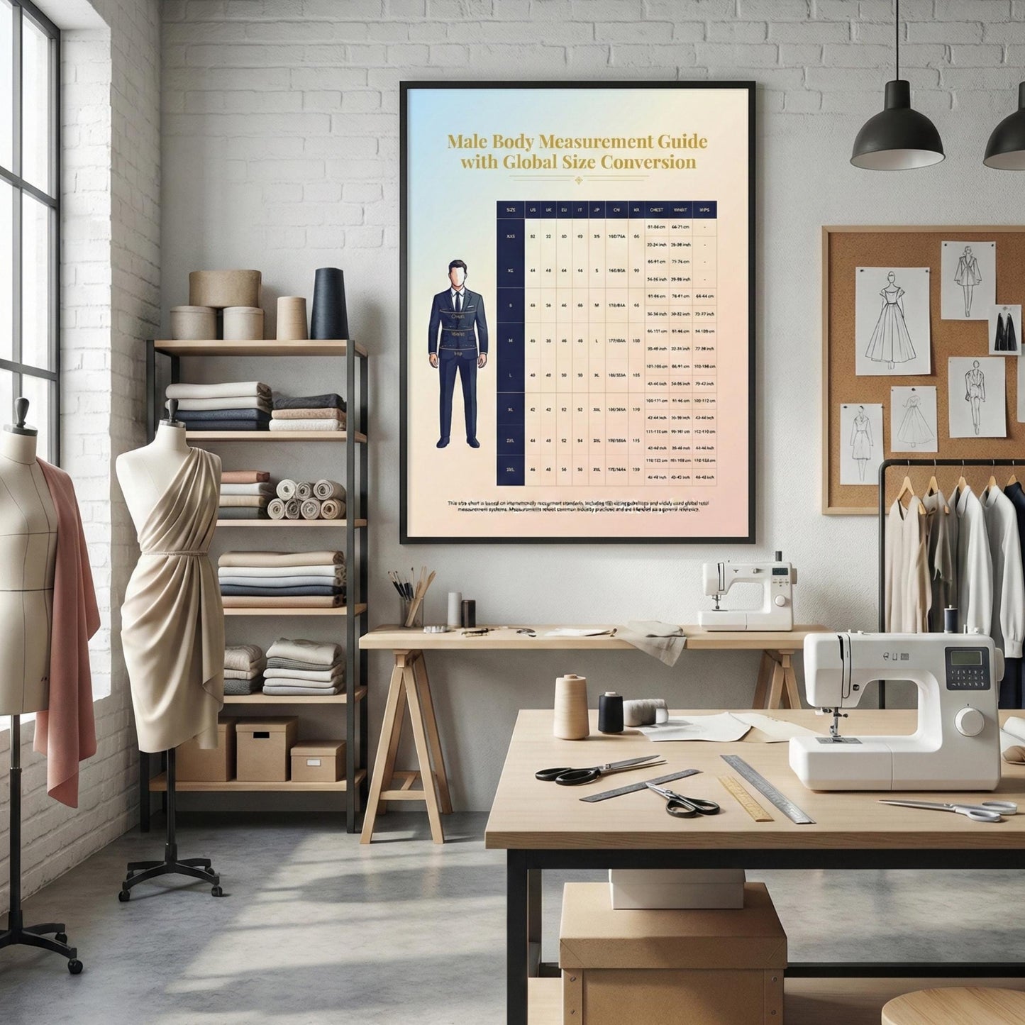 Male Body Measurement Chart – Global Clothing Size Conversion Guide displayed as a printable PDF layout combining a clear male measurement diagram with a global size comparison table for accurate international clothing reference.