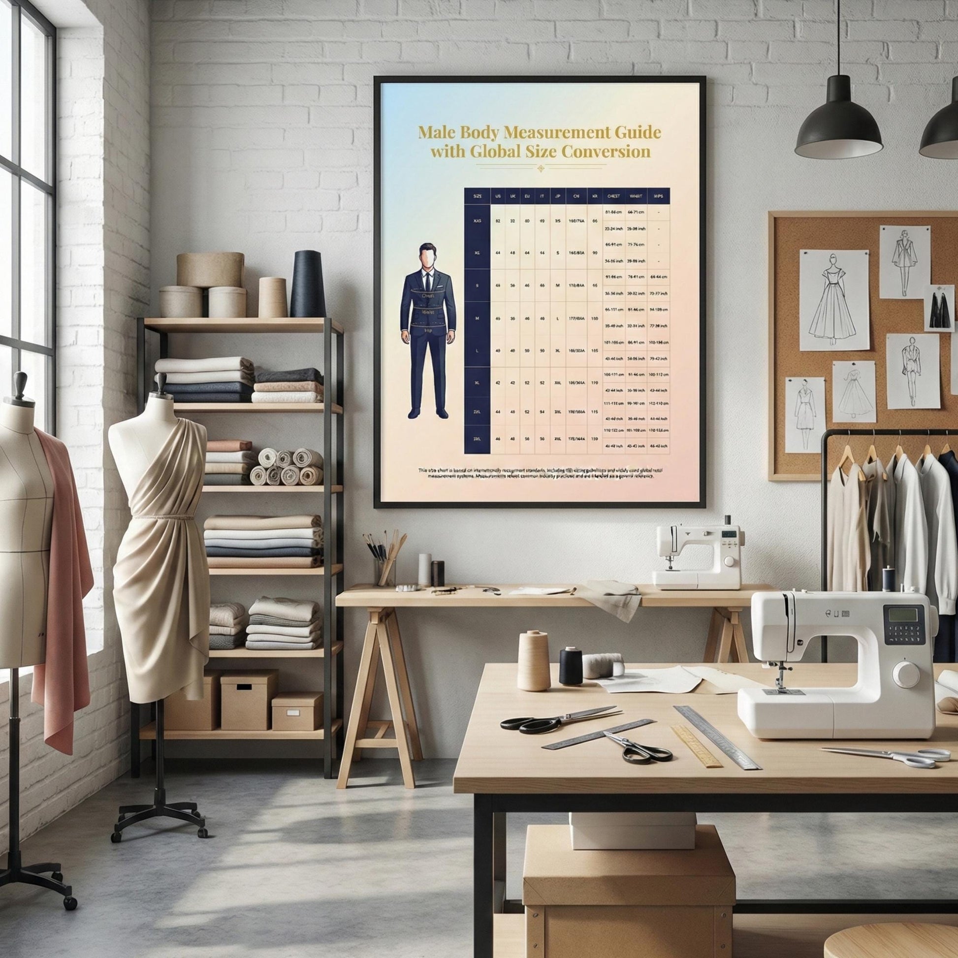 Male Body Measurement Chart – Global Clothing Size Conversion Guide displayed as a printable PDF layout combining a clear male measurement diagram with a global size comparison table for accurate international clothing reference.