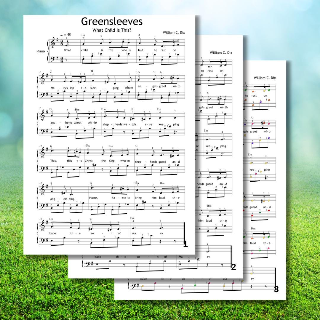 Greensleeves – What Child Is This? full version bundle includes all three versions: note names, fingerings, and colored notes. This all-in-one teaching resource is suited for various learning speeds and student needs. Great value for teachers and parents alike.