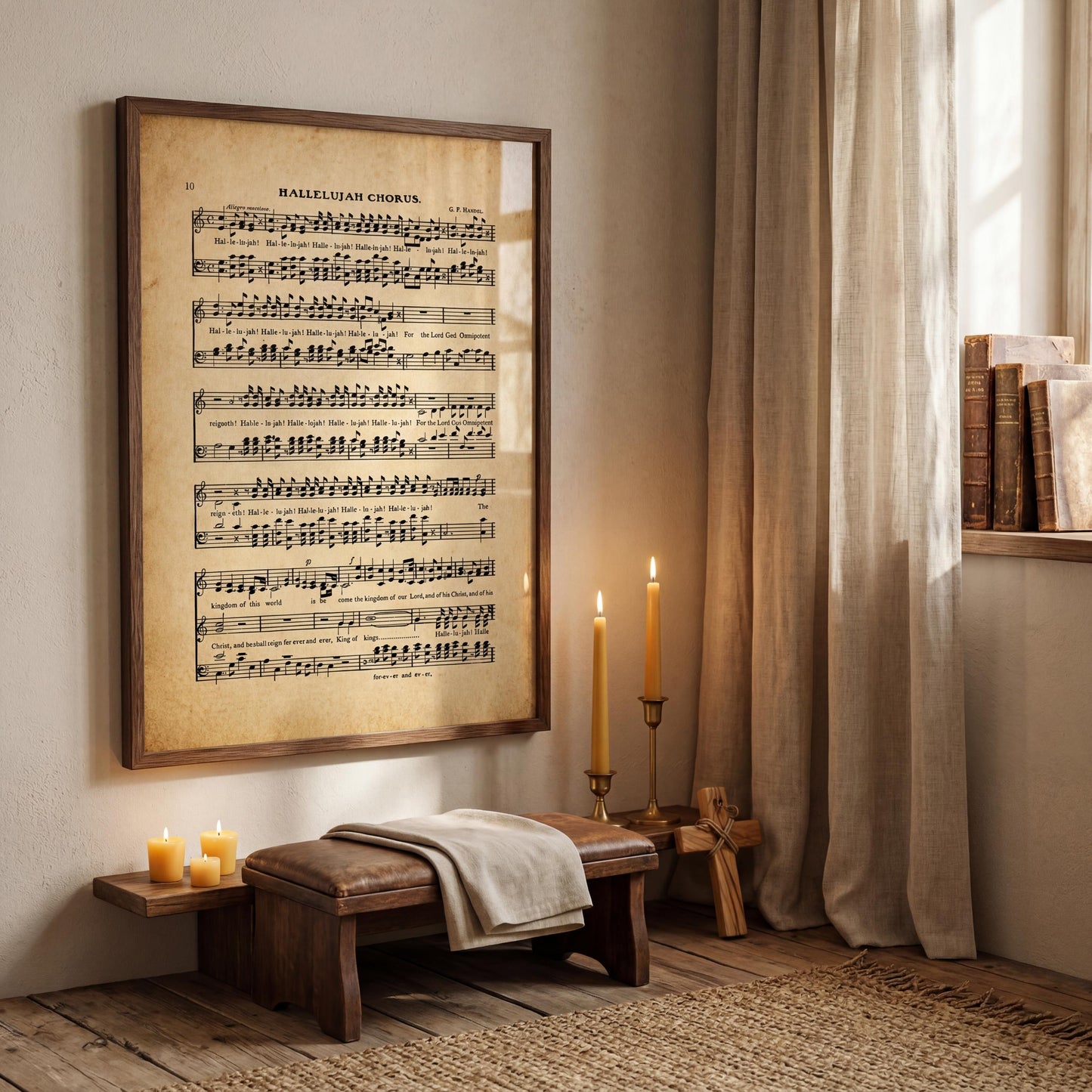 a cozy corner of a room with a large framed sheet music print hanging on the wall, a wooden bench, and a small table with candles.