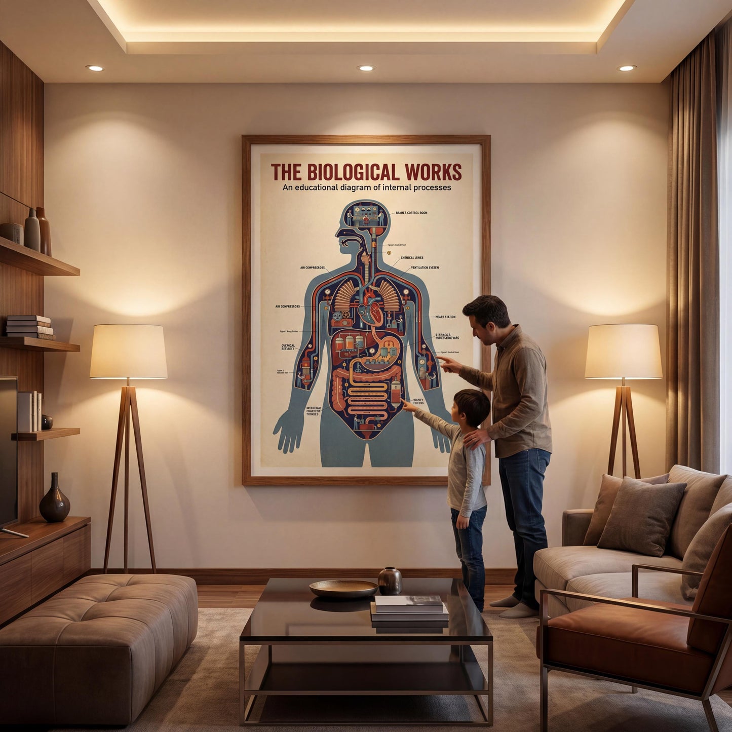Educational anatomy wall art printable designed in a vintage scientific style, showing the human body as an interconnected mechanical system, ideal for STEM classrooms and medical learning environments.