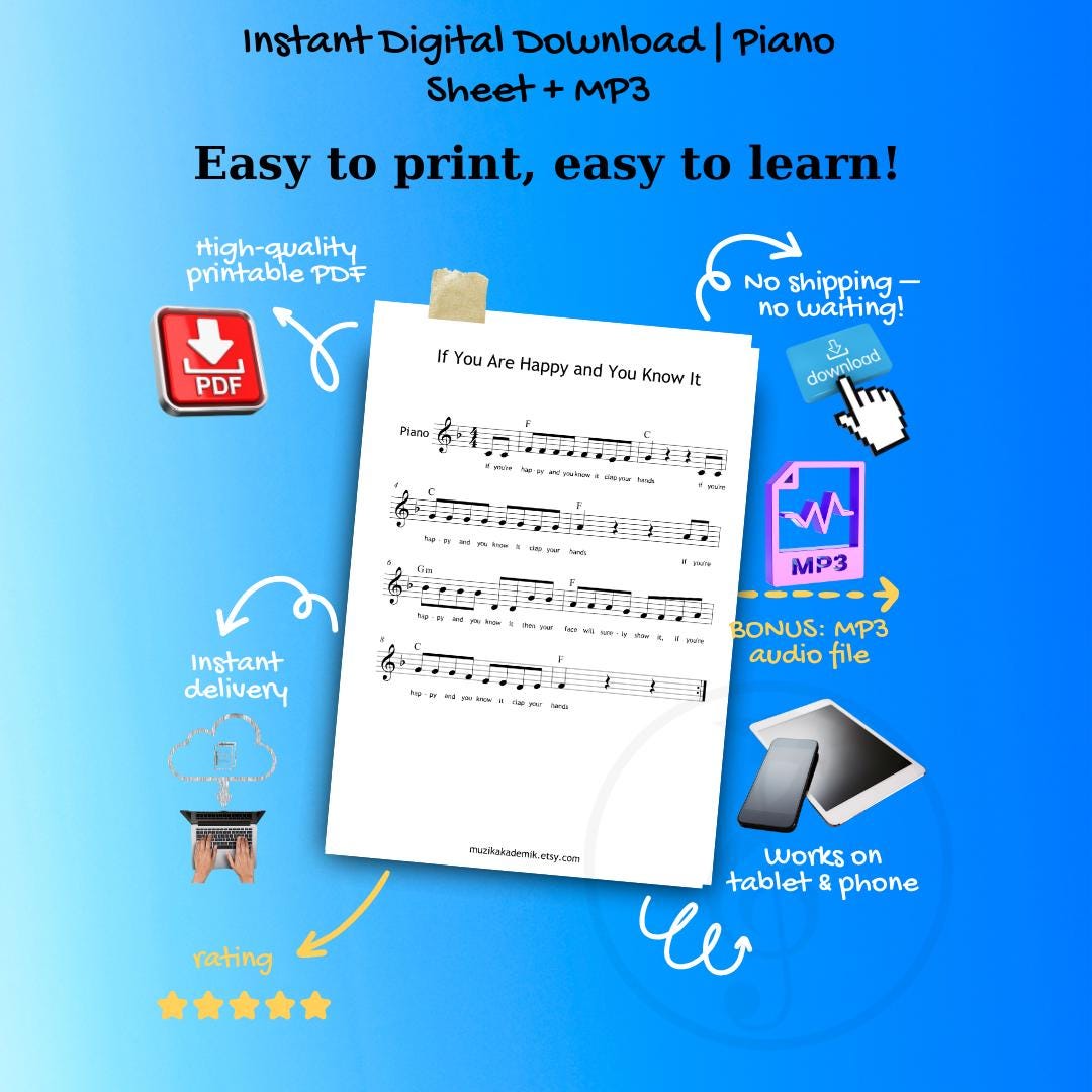 If You Are Happy and You Know It - Easy Piano Sheet Music | Grade 0 | Kids Song PDF MP3 Video
If You Are Happy and You Know It traditional downloadable and simplified piano sheet music PDF shown as a combined Grade 0 layout featuring finger numbers, note names, and color-coded notes together, grounded in manuscript precision for smooth early-level play-along practice.