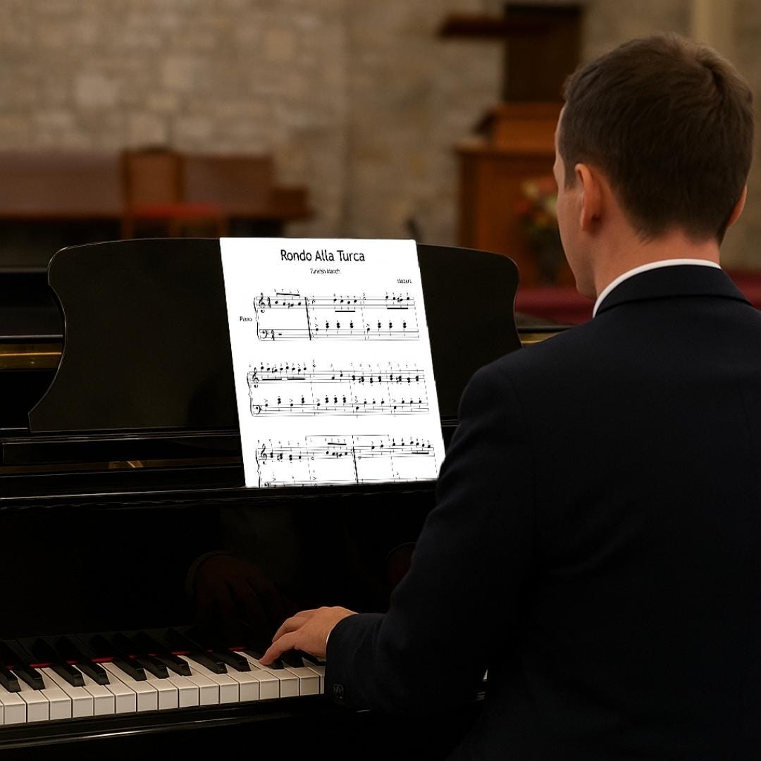 Close-up of Alla Turca Mozart simplified piano score showing color notes and finger numbers, educational easy piano sheet music for young pianists and teachers.