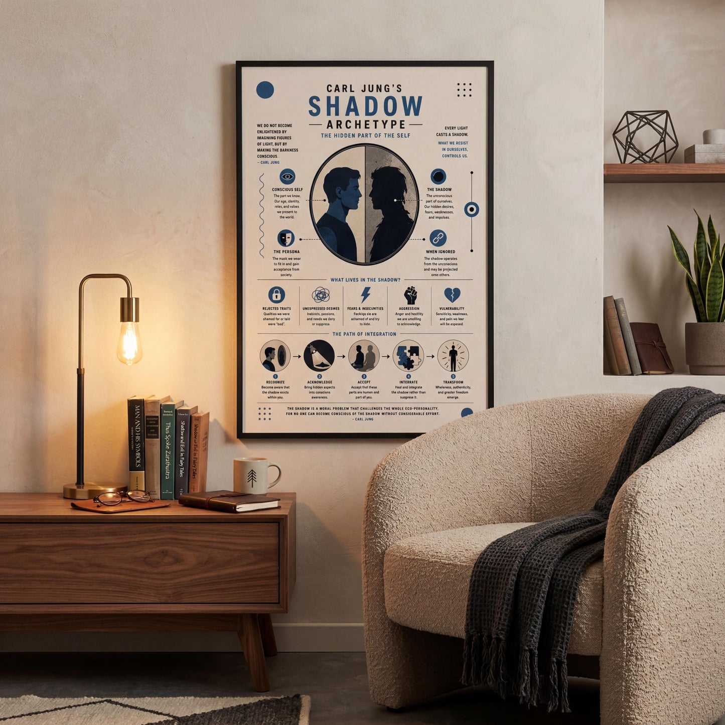 a poster of a couple's silhouette on the wall, with various text elements and illustrations related to the concept of "Shadow Archetypes".