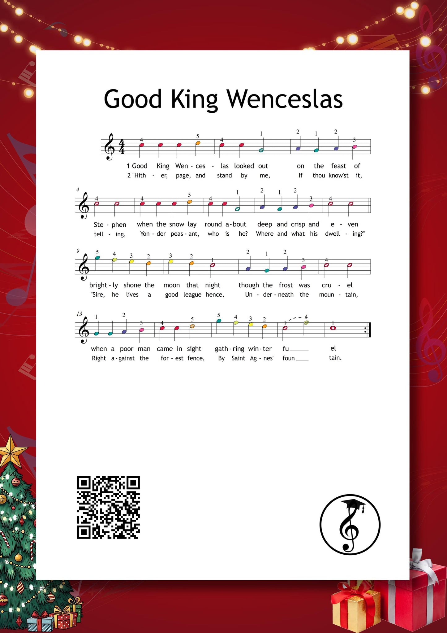Advent Piano Calendar digital music book showing right-hand melodies, clear large notes, colorful notation, and whimsical Advent-themed illustrations ideal for joyful family December practice.Angels We Have Heard on High, O Christmas Tree, Good King Wenceslas, Ding Dong Merrily on High, Deck the Halls, Jingle Bells, Joy to the World, Hark the Herald Angels Sing, Have Yourself a Merry Little Christmas, Santa Claus Is Coming to Town, Silver Bells, White Christmas, Christmas Time Is Here
