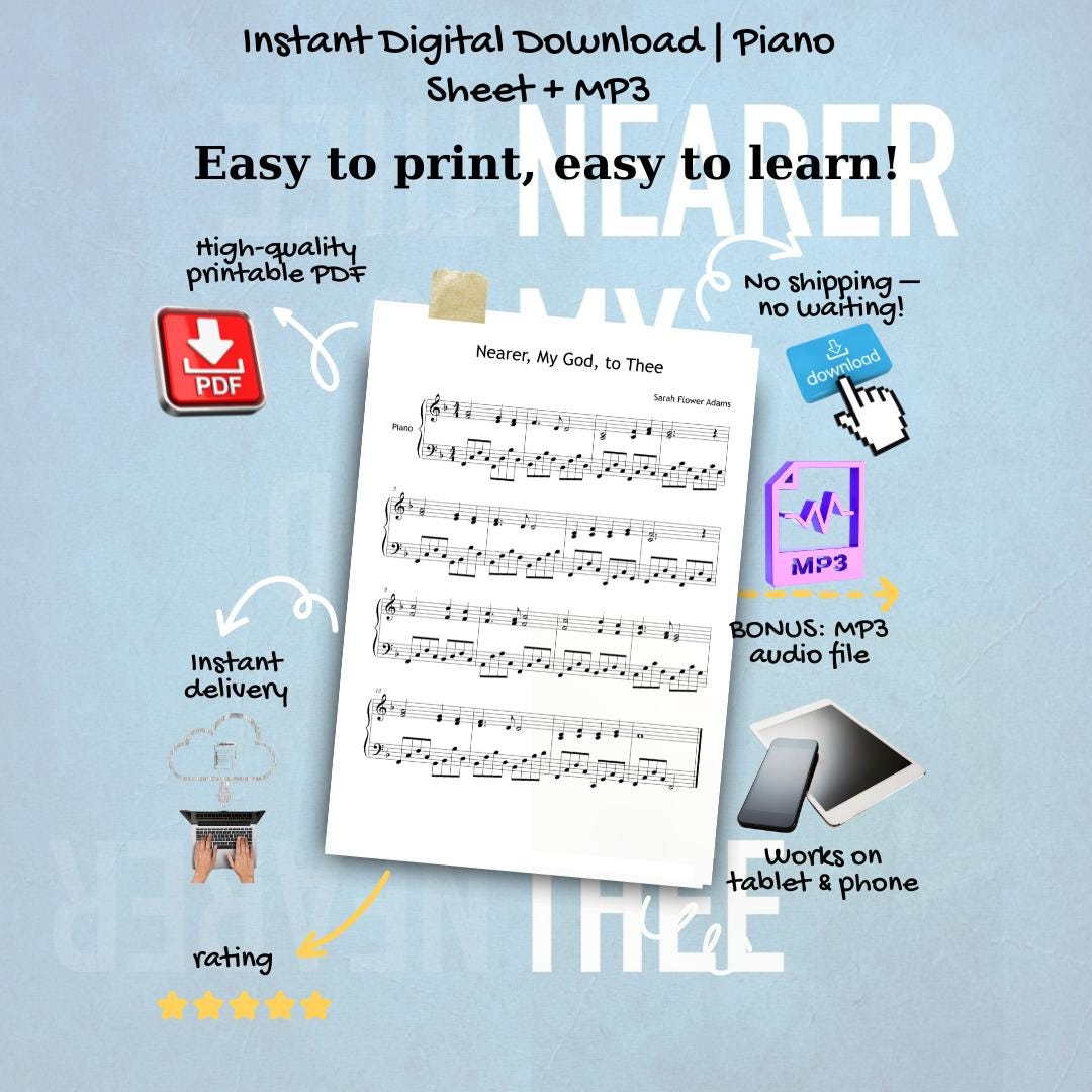 Nearer, My God, to Thee by Lowell Mason downloadable and simplified piano sheet music PDF shown with the full Grade 3–4 learning bundle featuring MP3 reference audio, video tutorial, finger numbers, note names, color-coded notes, and manuscript-based engraving for heartfelt sacred piano study.