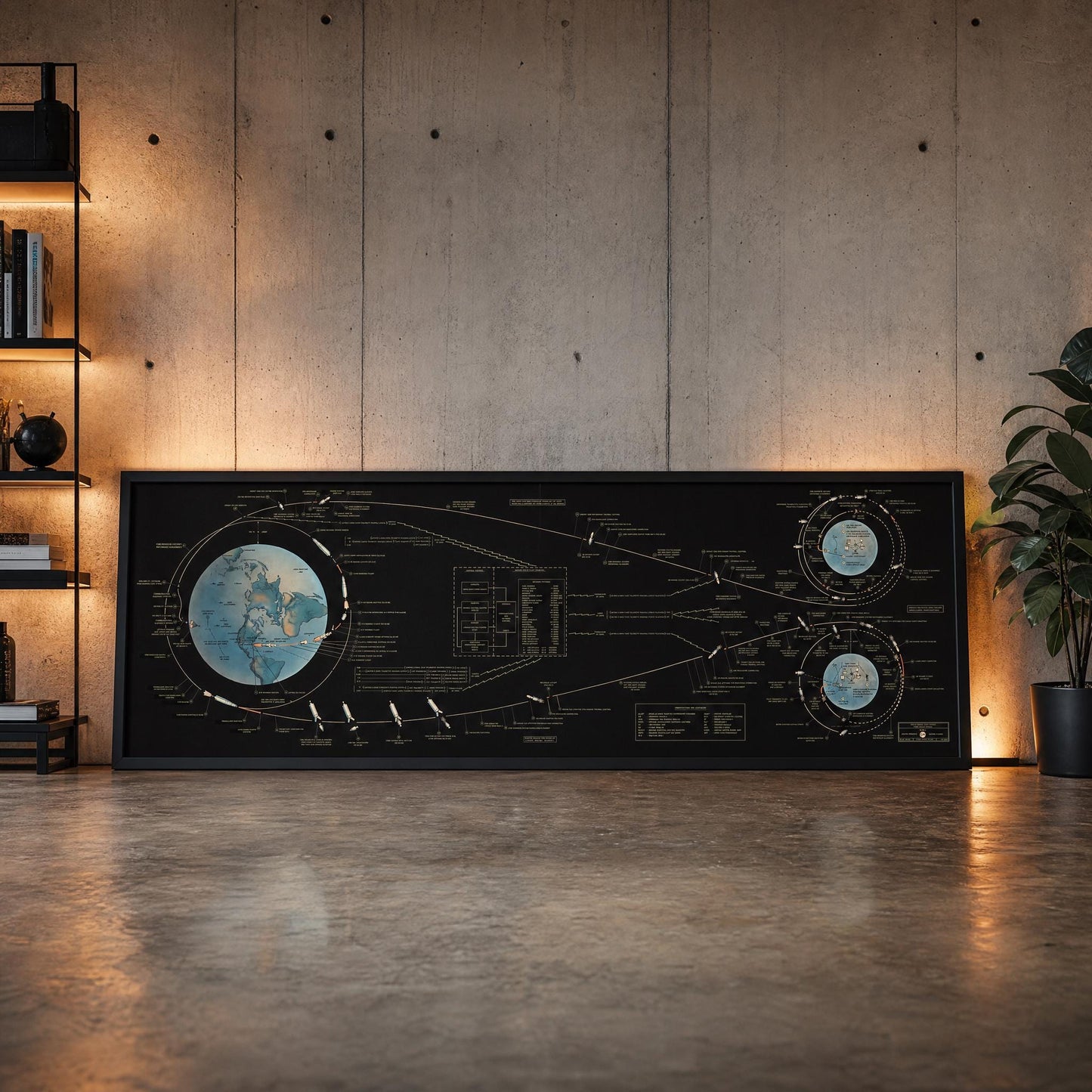 Vintage NASA Apollo 11 poster printable featuring lunar orbit charts, landing trajectory, and aerospace mission profile design, ideal for STEM classrooms and retro-futurist interiors
