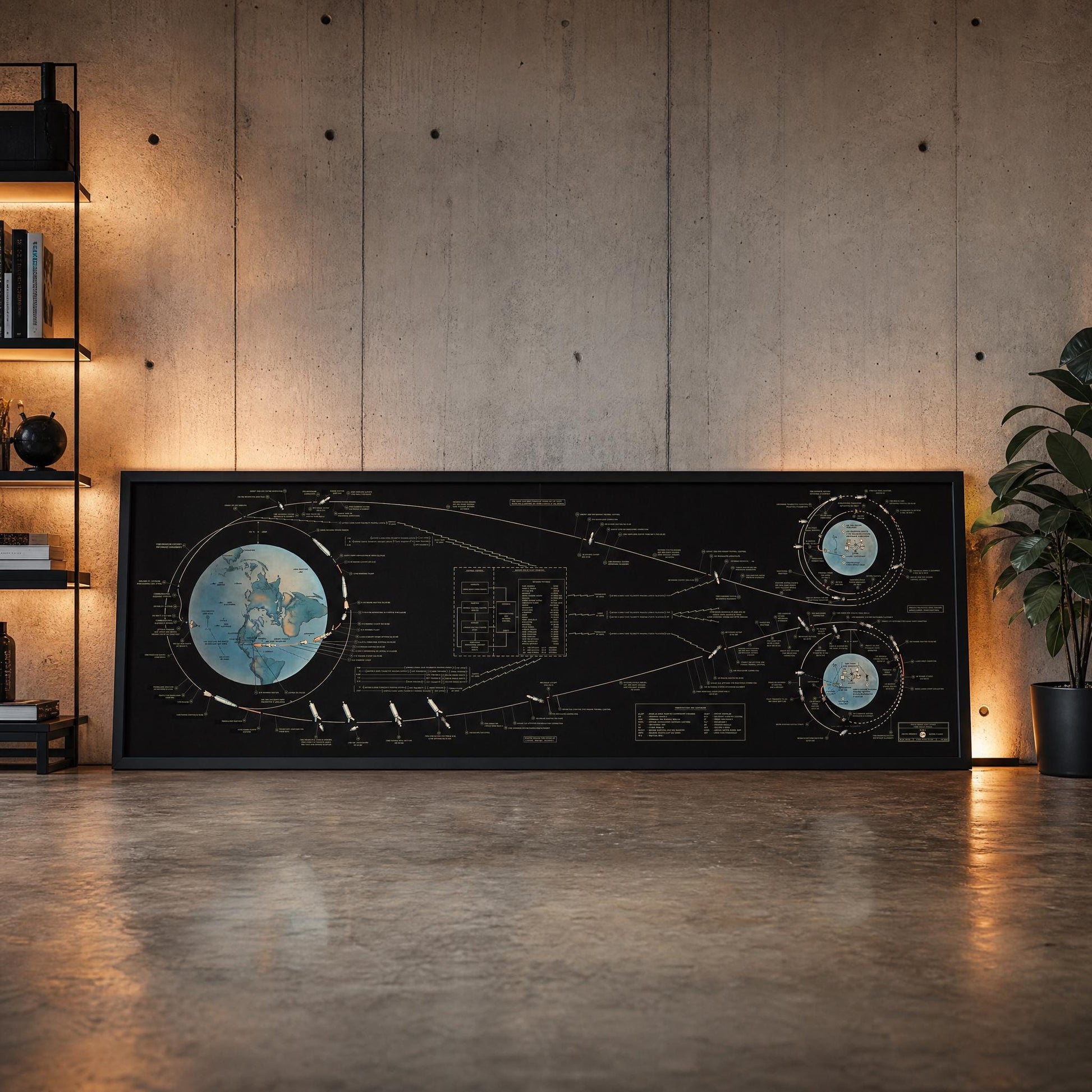 Vintage NASA Apollo 11 poster printable featuring lunar orbit charts, landing trajectory, and aerospace mission profile design, ideal for STEM classrooms and retro-futurist interiors