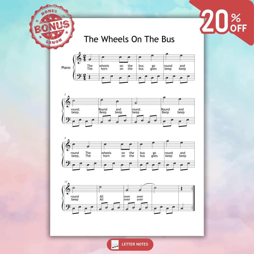 The Wheels On The Bus beginner piano sheet music simplified piano sheet music PDF download, one-page edition for Grade 1, with clear layout, letter note version, color note version, MP3 reference audio, and tutorial video, printable PDF and JPEG formats for teachers, students, or parents supporting music learning at home.