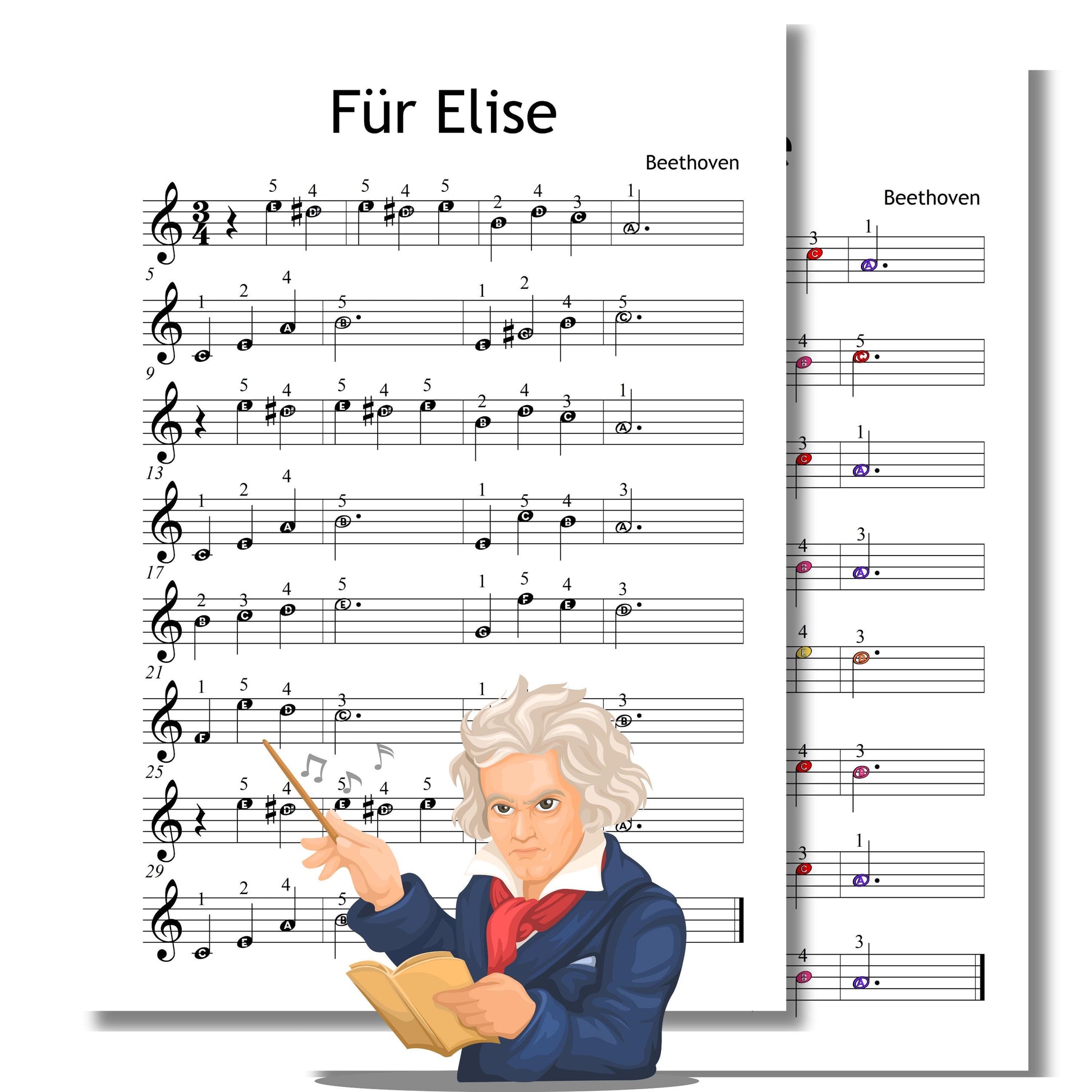 Für Elise - Grade 0 Simplified Beginner Piano Sheet | Easy Beethoven Music PDF | Color Notes + Finger Numbers + MP3 + MP4 Video For Elise