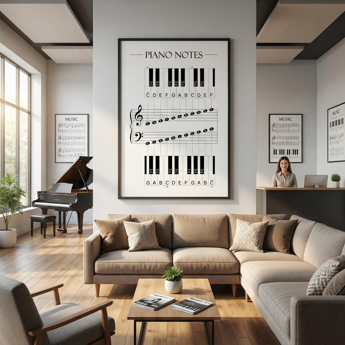 Piano notes reference poster printable with multiple size options, suitable for wall display in classrooms, studios, or practice areas.