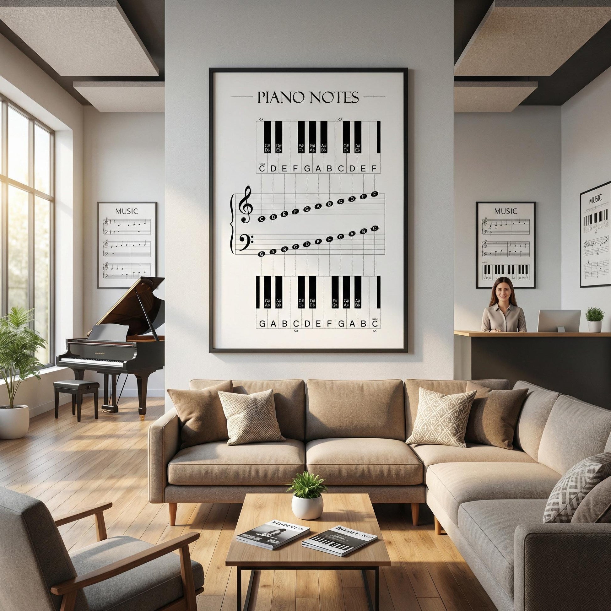 Piano notes reference poster printable with multiple size options, suitable for wall display in classrooms, studios, or practice areas.
