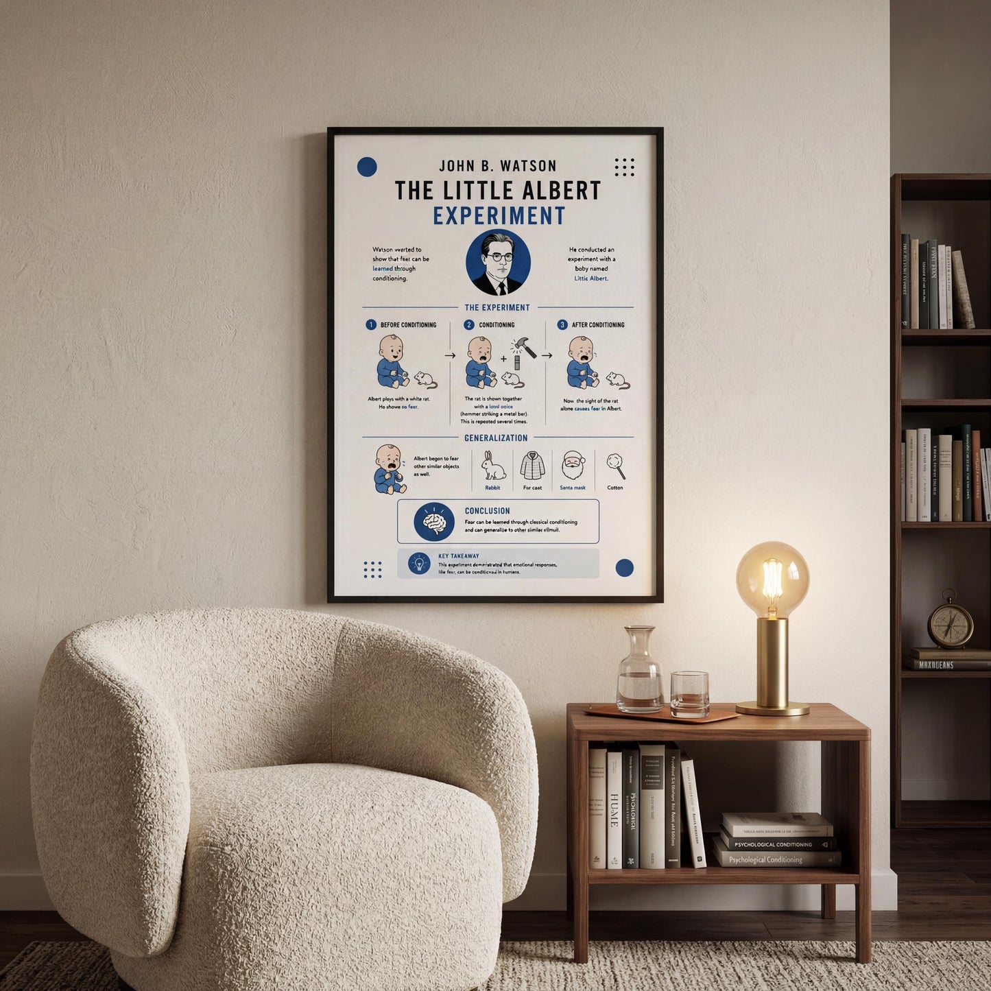 a poster of John D. Watson's "The Little Albert Experiment" hanging on a wall in a living room.
