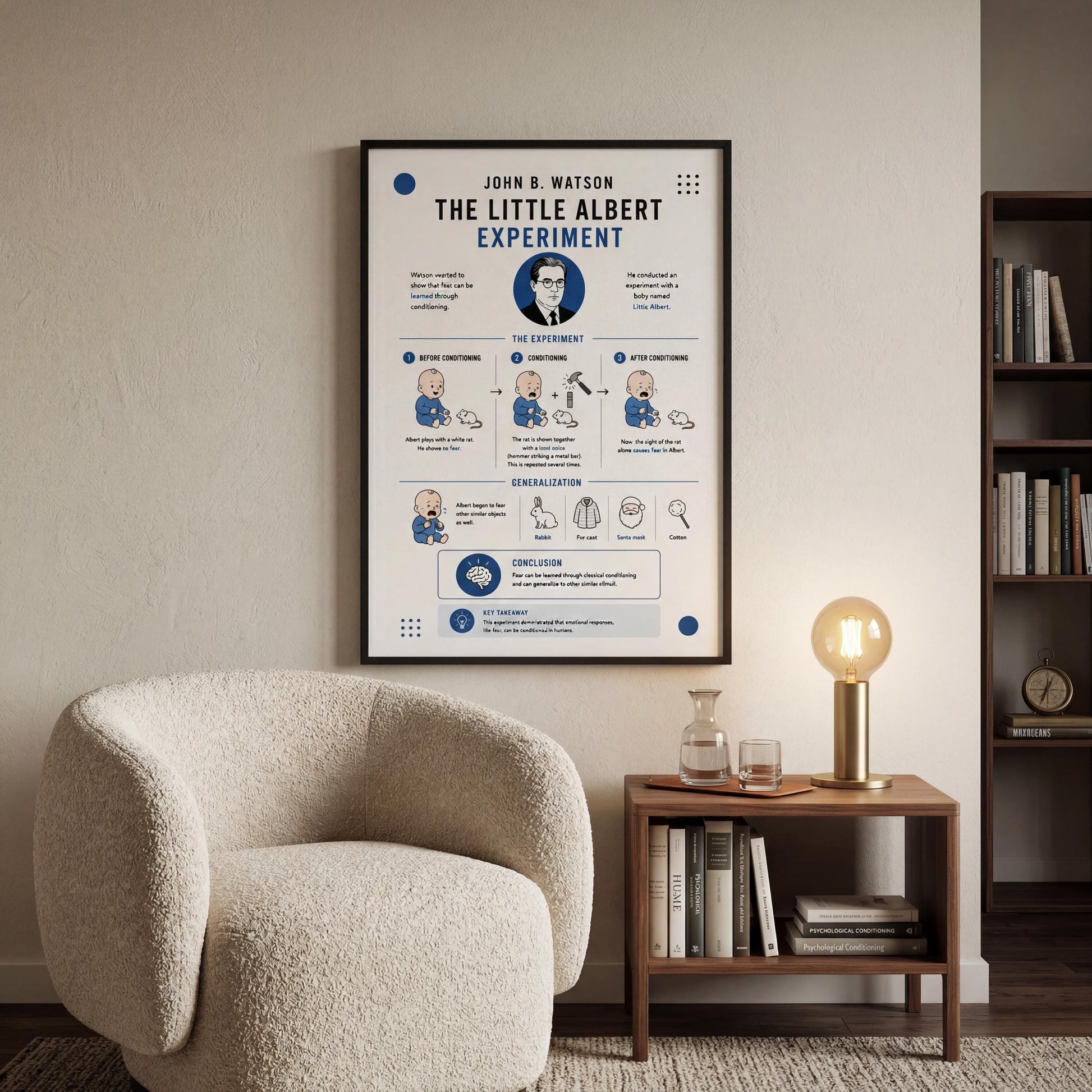 a poster of John D. Watson's "The Little Albert Experiment" hanging on a wall in a living room.