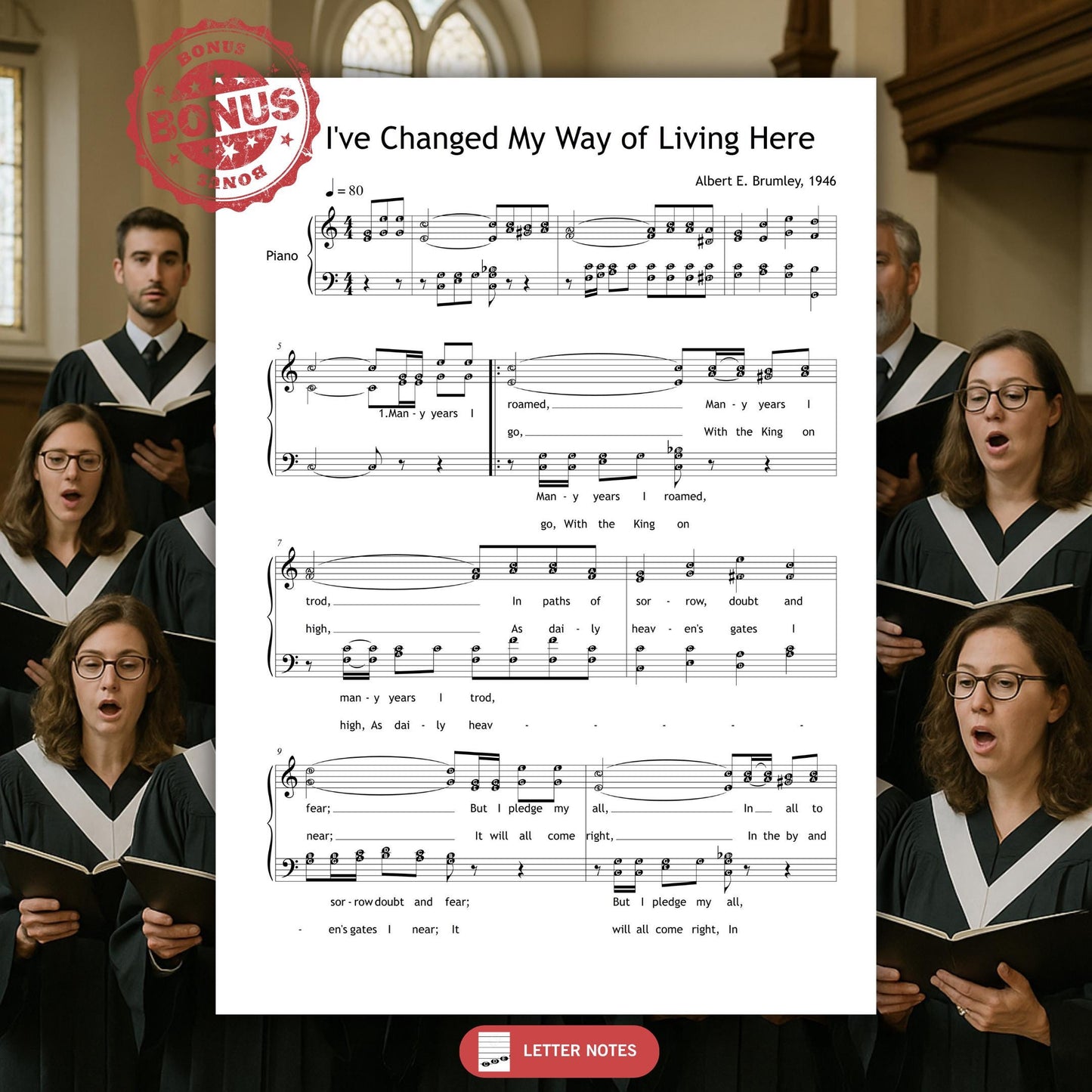 I’ve Changed My Way of Living by A. E. Brumley downloadable and simplified piano sheet music PDF in a color-coded SATB choir and piano edition showing finger numbers, optional note names, and bright visual cues, all prepared from manuscript references and paired with the complete gospel lyric text.