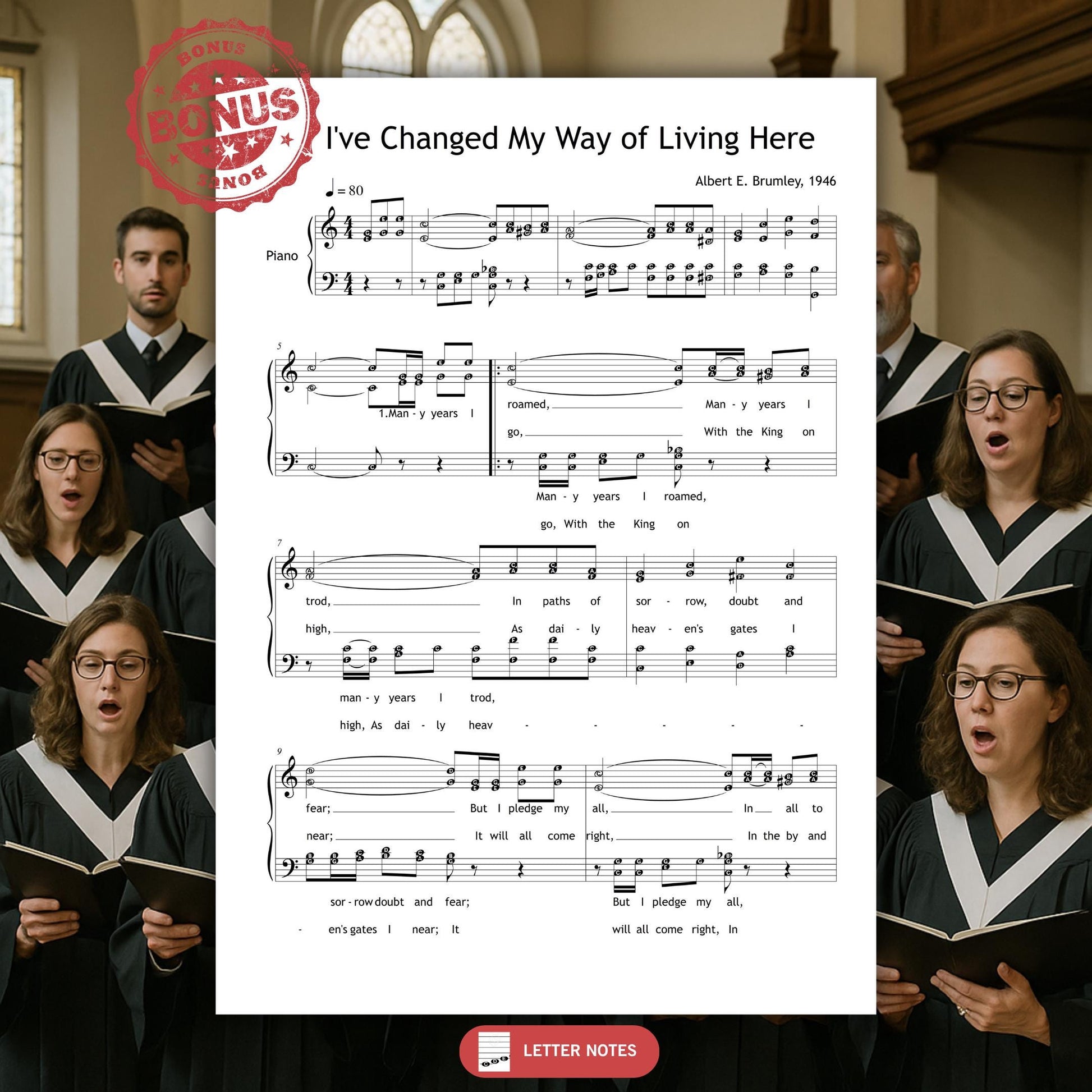 I’ve Changed My Way of Living by A. E. Brumley downloadable and simplified piano sheet music PDF in a color-coded SATB choir and piano edition showing finger numbers, optional note names, and bright visual cues, all prepared from manuscript references and paired with the complete gospel lyric text.