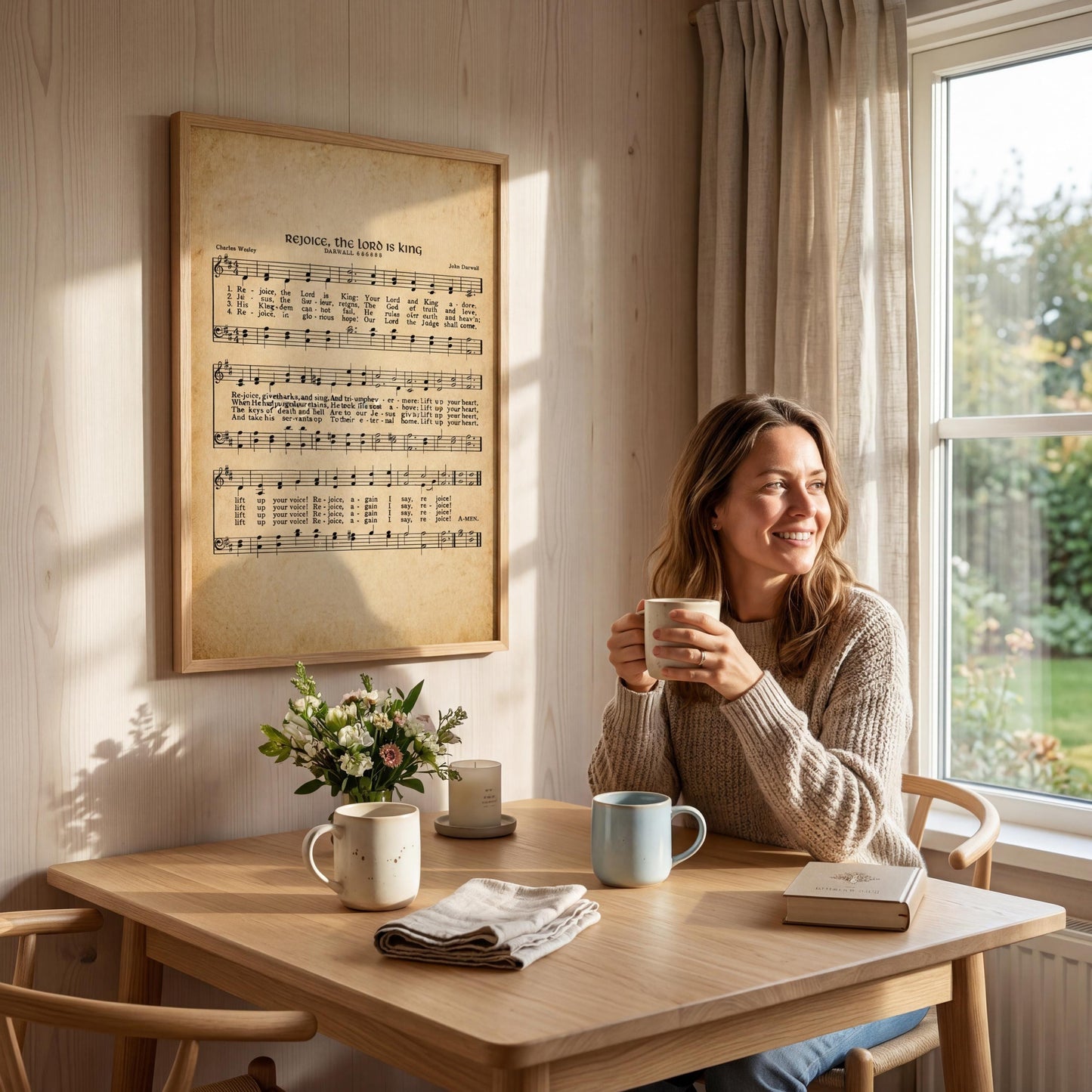 A woman sits at a wooden table, holding a mug and smiling, with a framed sheet music poster on the wall behind her. The table has a vase of flowers, a book, and a cup.