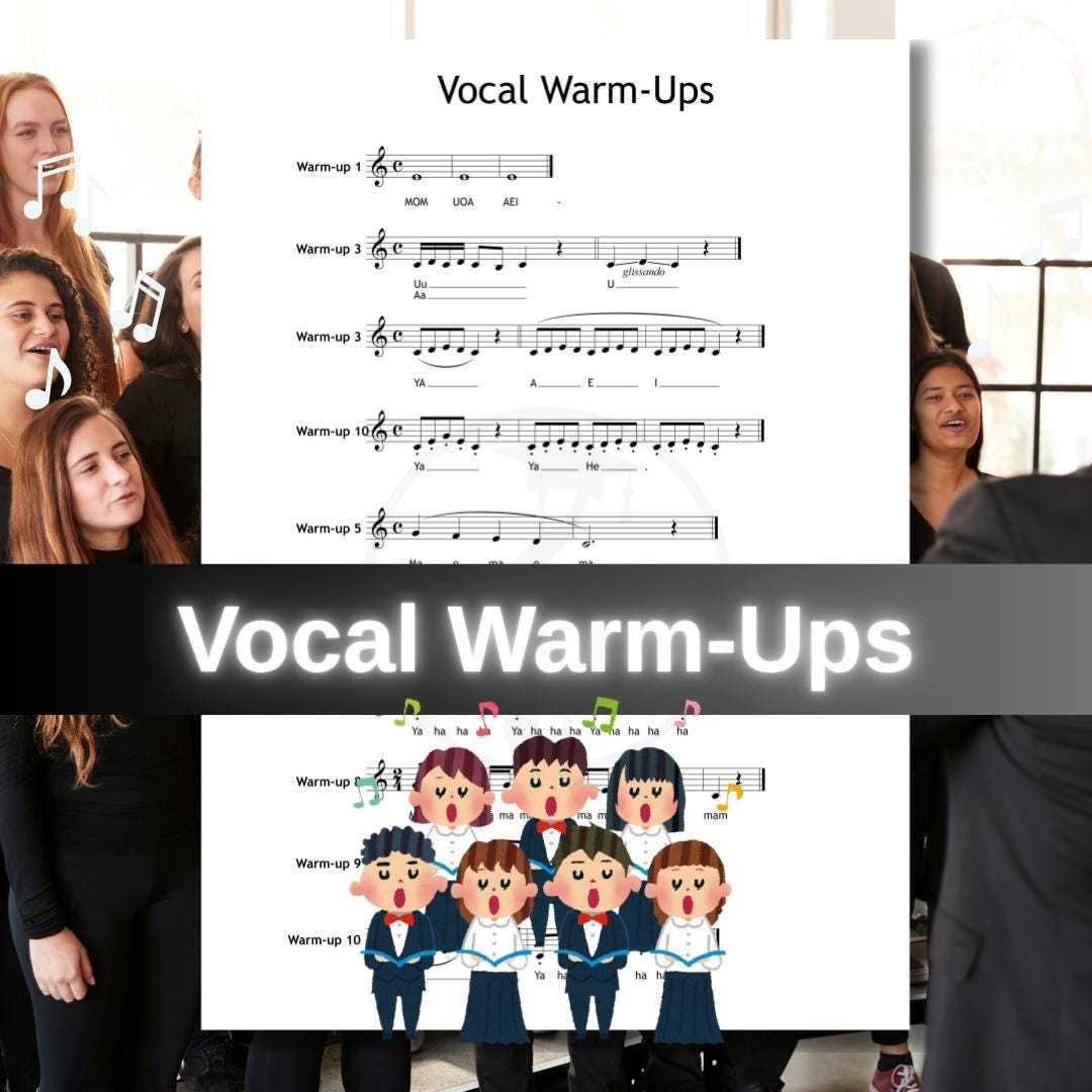 Vocal Warm-Ups – 10 Exercises PDF with piano MP3 accompaniment, digital guide designed for choirs, soloists, and vocal ensembles, includes structured warm-up notations, instructions, and audio support for breath control, diction, tone, and range development, printable or tablet-ready.